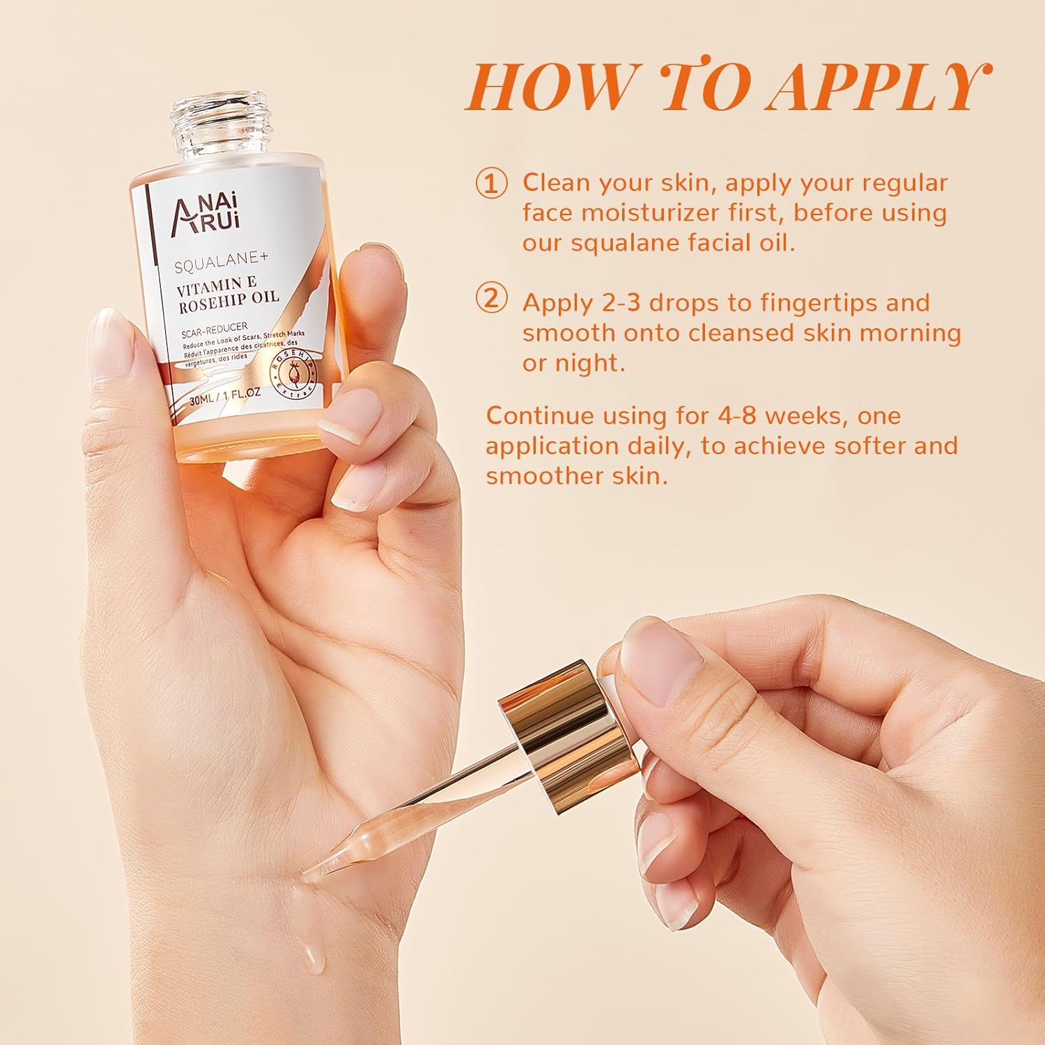 ANAI RUI Squalane + Vitamin E Rosehip Oil Moisturizer for Face Hydrate, Reduce Scars and Stretch Marks, Wrinkles for Smoother, Softer Skin 1 fl. Oz - Image 5