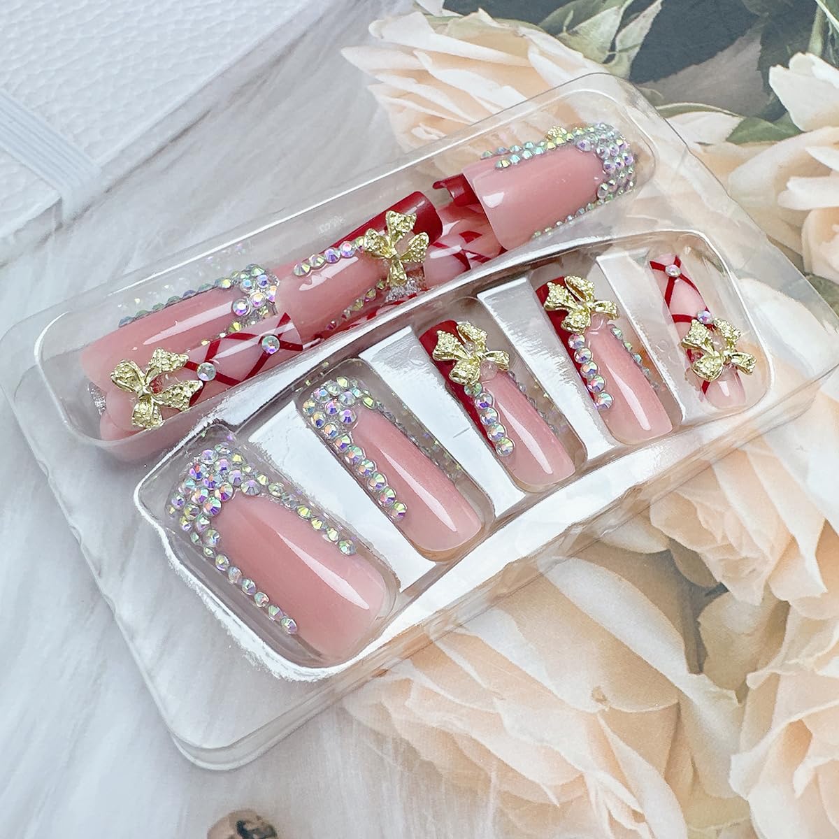 24Pcs Long Coffin Press on Nails Red French Tip Fake Nails with 3D Metal Bow Rhinestones Designs Spring Summer Acrylic Nails Full Cover French False Nails Bow Diamond Stick on Nails for Women - Image 4