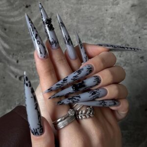 Extra Long Press On Nails with Designs Fake Nails XL Long Nails Grey Acylic Nails for Women and Girls