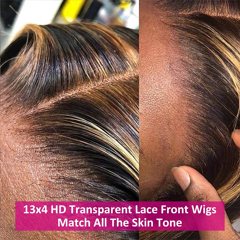 Pizazz 4/27 Highlight Lace Front Wigs Human Hair Pre Plucked Bleached Knots 12A 180 Density 13x4 HD Ombre Honey Blonde Deep Wave Human Hair Wigs with Baby Hair(26 Inch, Brown mix gloden color) - Image 4