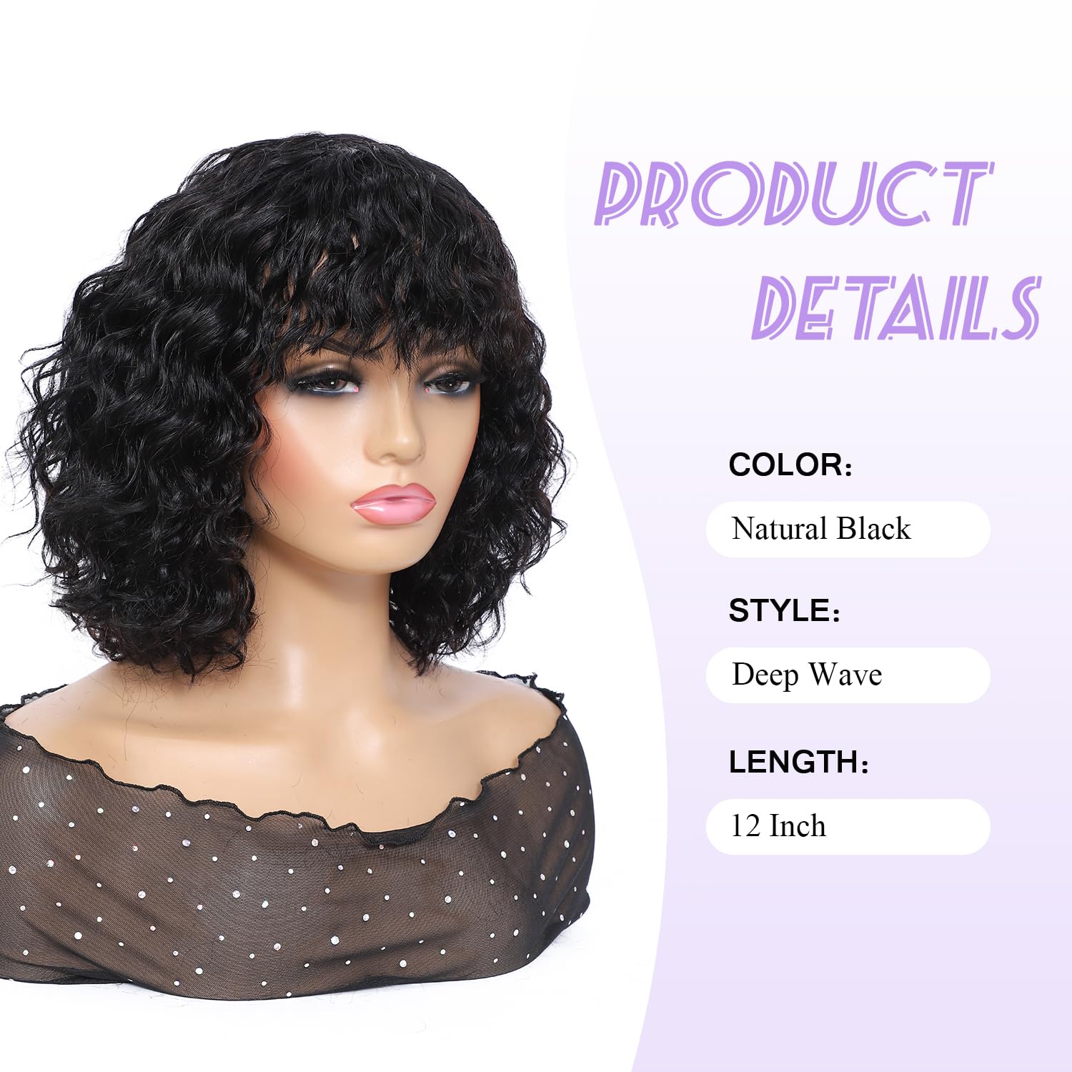 HUA Curly Wig With Bangs Human Hair for Black Women Glueless 12 Inch Water Deep Wave Bob Human Hair Wigs With Bangs for Black Women Short Curly Human Hair Wig With Bangs 180% Density - Image 2