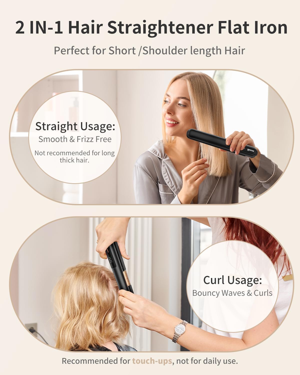 Hoson Cordless Hair Straightener,Portable Mini Flat Iron Travel for Bangs,Short Hair,USB-C Rechargeable Wireless Curling Iron and Curler 2 in 1(Black),for Touch Ups - Image 2