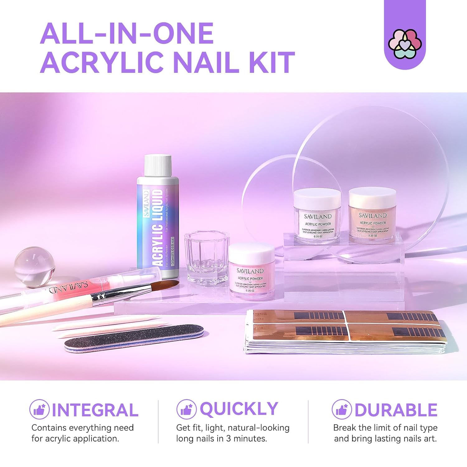 SAVILAND 15-Piece Beginner Acrylic Nail Kit with Clear and Pink Powder, Liquid Monomer, Brush, and Tools - Image 5