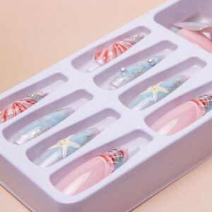 Summer Beach Press on Nails 3D Acrylic Nails Medium Almond Fake Nails Blue Sea Shell French Tips False Nails Press ons Ocean Glue on Nails Starfish Waves Stick on Nails for Women Girls Manicure 24Pcs