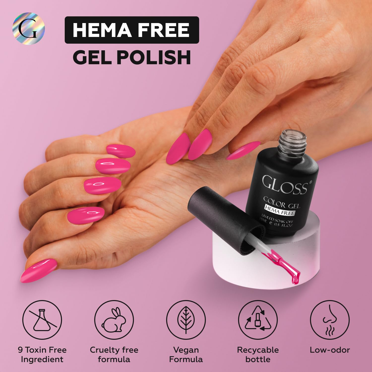 GLOSS Gel Nail Polish | Strawberry Cocktail 15ml 1 pcs - HEMA Free Gel Polish, Pink Soak Off UV LED Gel Varnish, Professional Manicure Nail Art Design Gifts for Girls & Women - Image 5