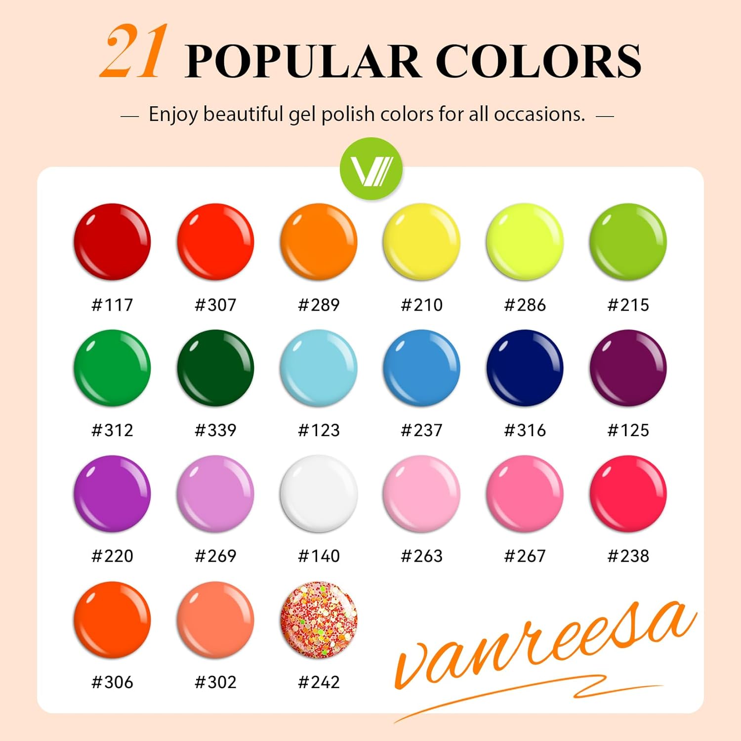 VANREESA 24 Pcs Gel Nail Polish Set, 21 Colors Bright Gel Polish with Base Coat Glossy & Matte Top Coat Red Orange Yellow Green Blue Pink Purple Gel Polish Kit Nail Kit Gifts for Women - Image 2