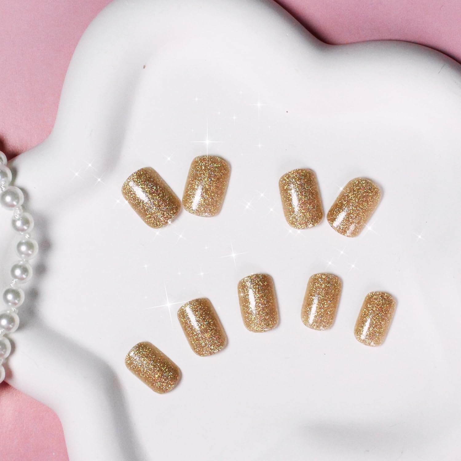 KQueenest Light Gold Glitter Press on Nails, Short Square Acrylic False Nails with Designs, 24 Pcs Set - Image 4