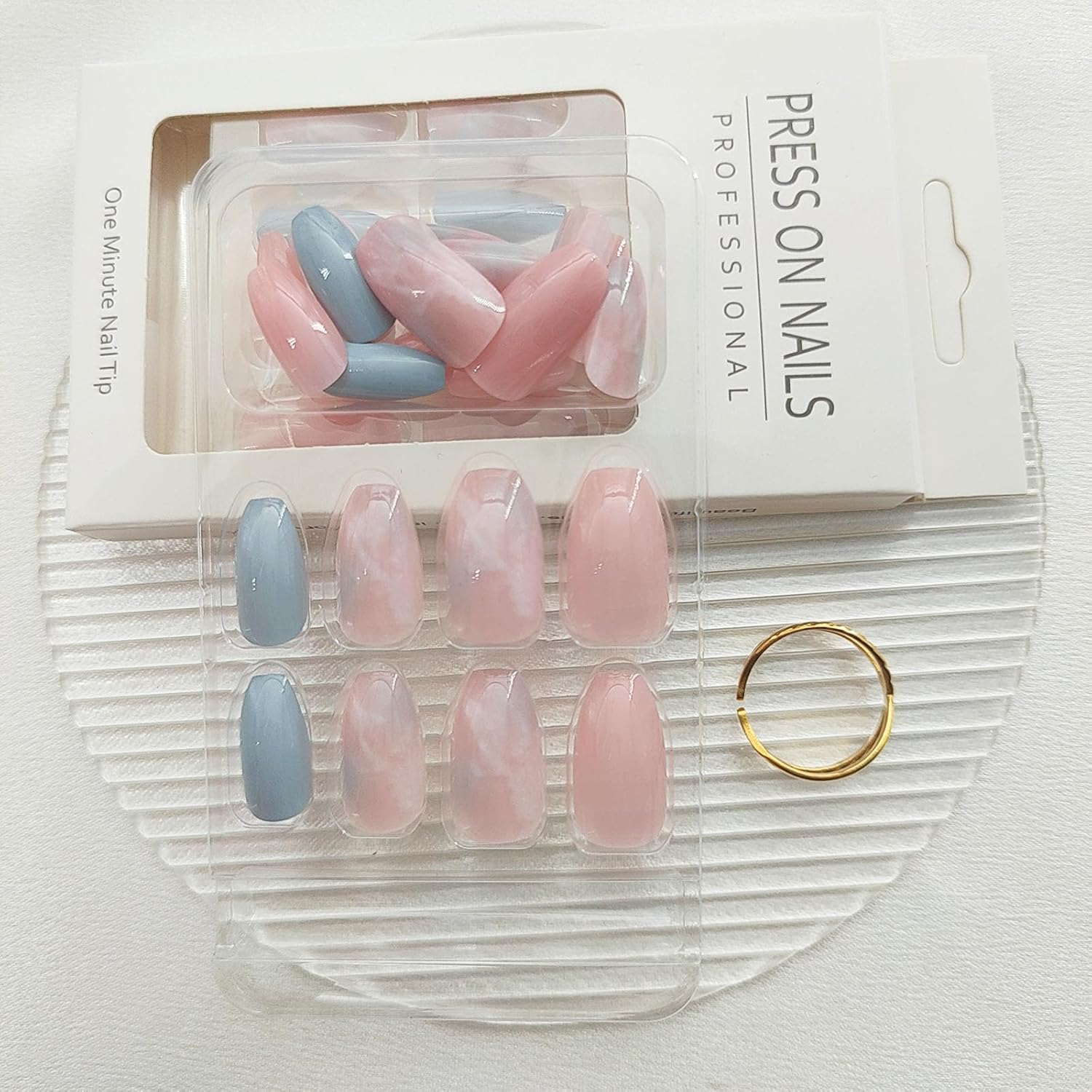 Coffin Press on Nails Short Fake Nails with Marble Designs Acrylic Nails Press ons Glossy Glue on Nails Light Blue Full Cover Artificial Stick on Nails for Women 24Pcs - Image 6