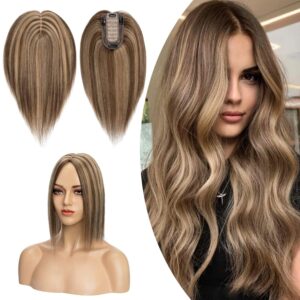 Hairro 100% Real Human Hair Toppers for Women No Bang, Clip in Real Hairpieces, Breathable Silk Base for Covering Greyish Thinning Hair Loss on Top, 8 Inch Medium Brown Mix Dark Blonde