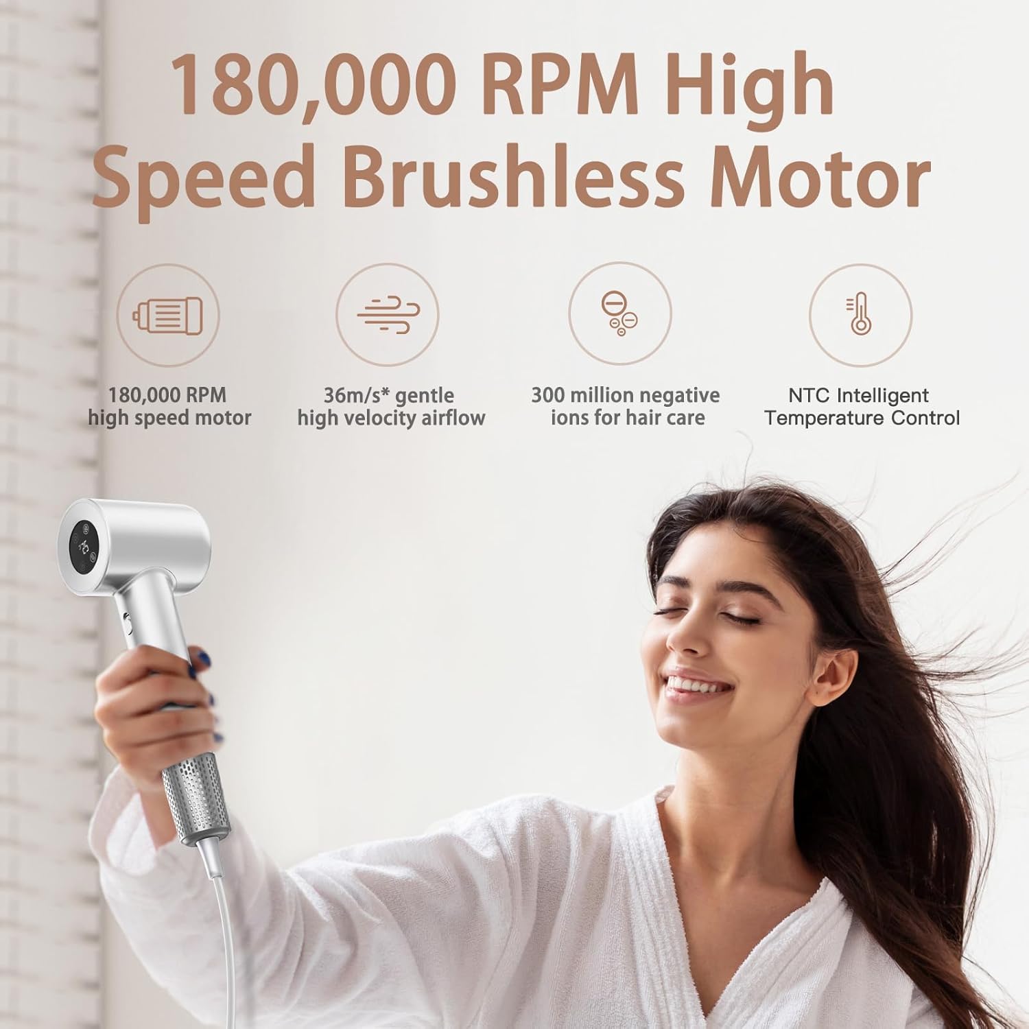 Hair Dryer, 180000 RPM Professional High Speed Blow Dryer Negative Ionic Care Hair Dryer for Fast Drying, Low Noise, HD Display Hairdryer for Curly Straightener, Thermo-Control Hairdryer with Nozzle - Image 2