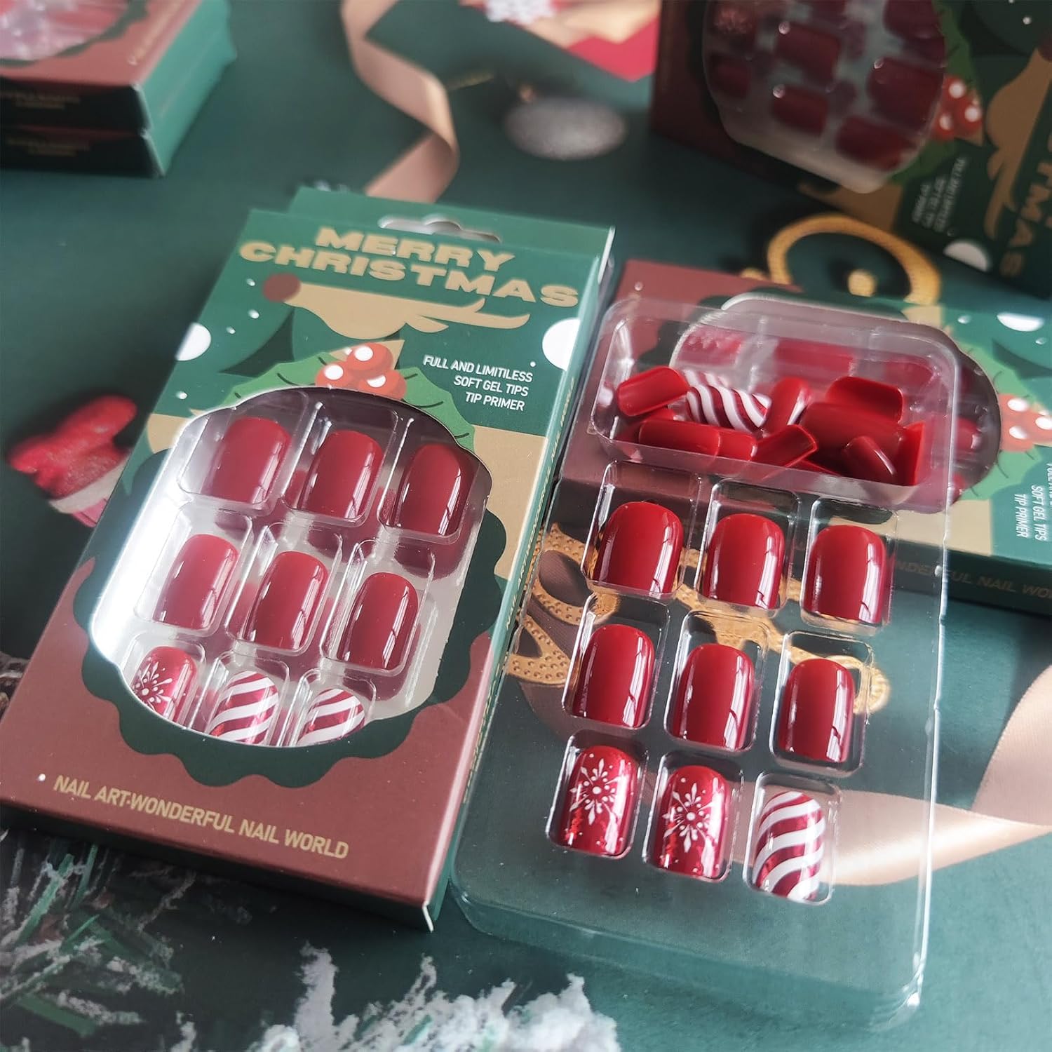 Christmas Snowflake Press on Nails Glossy Red Curve Line Acrylic Fake Nails 24Pcs Candy Stripes False Nails Gel Glue on Nails for Manicure Snowflake Stick on Short Square Nails for New Years Gifts - Image 4