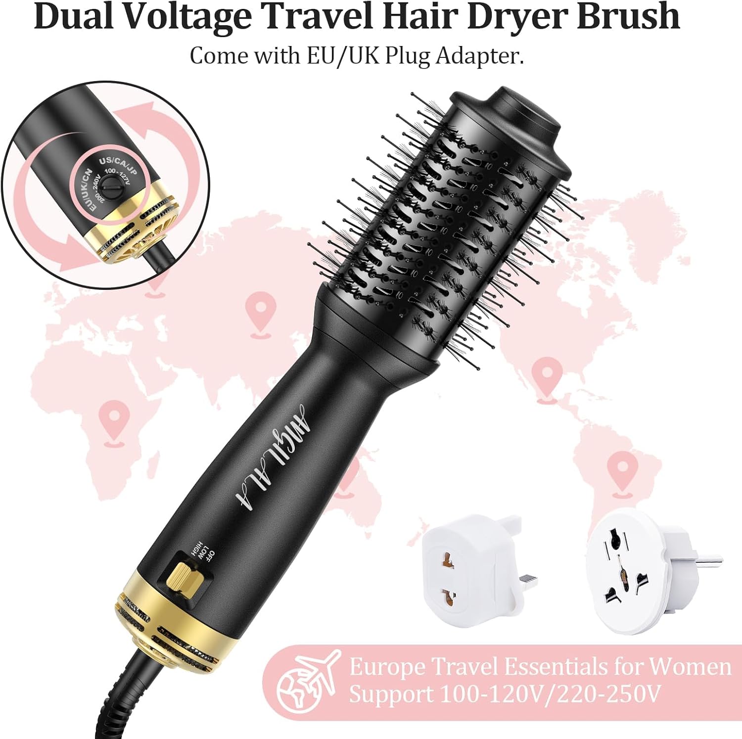 Dual Voltage(100~250V) Mini Hair Dryer Brush with European Plug Adapter for International Travel, Europe Travel Essentials for Women - Image 3