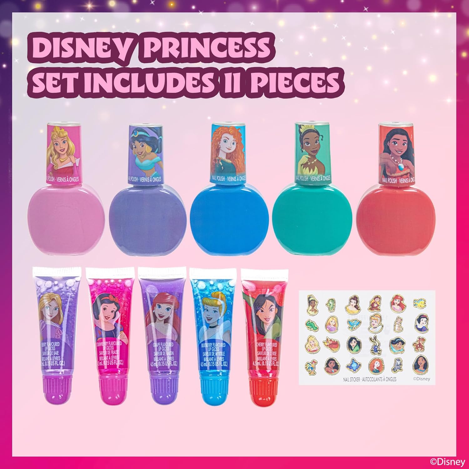 Disney Princess Sparkly Cosmetic Makeup Set for Girls with Lip Gloss Nail Polish Nail Stickers - 11 Pcs|Perfect for Parties Sleepovers Makeovers Birthday Gift for Girls 3+ - Image 2