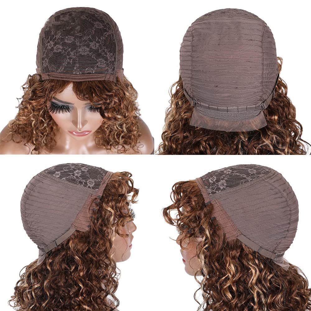 human hair Wig with Bangs for black woman Glueless Wig Ombre Short Curly Bob Wigs 180% Density brazilian hair wigs Piano Brown Blonde Wigs Water Wave Wigs 12Inch - Image 5