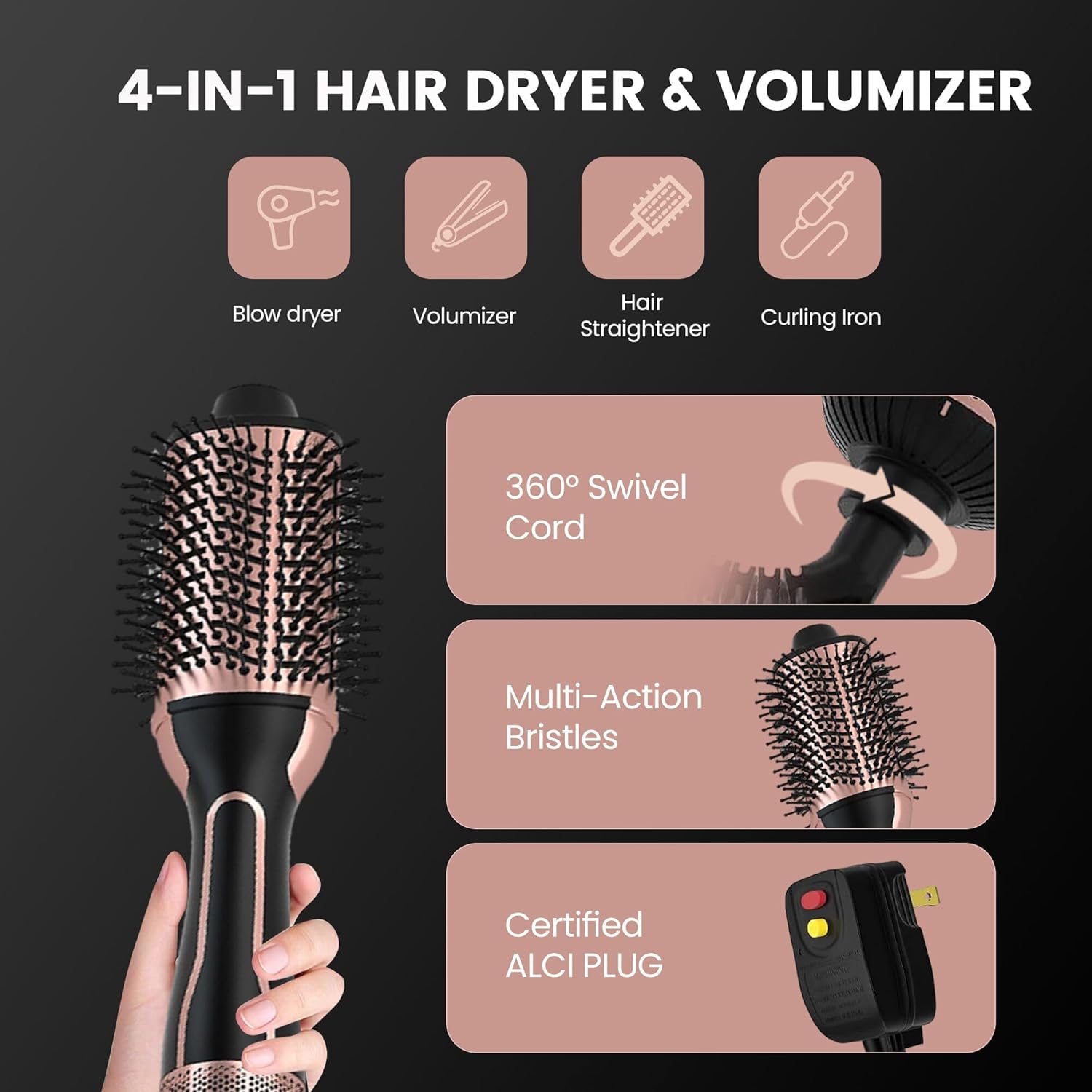 PRITECH 1000W Dual Voltage Ceramic Ionic Hair Dryer Brush,4-in-1 Hot Air Styler & One Step Volumizer for Straight & Curly Hair Salon (110-120V/220-240V),Black Gold - Image 4