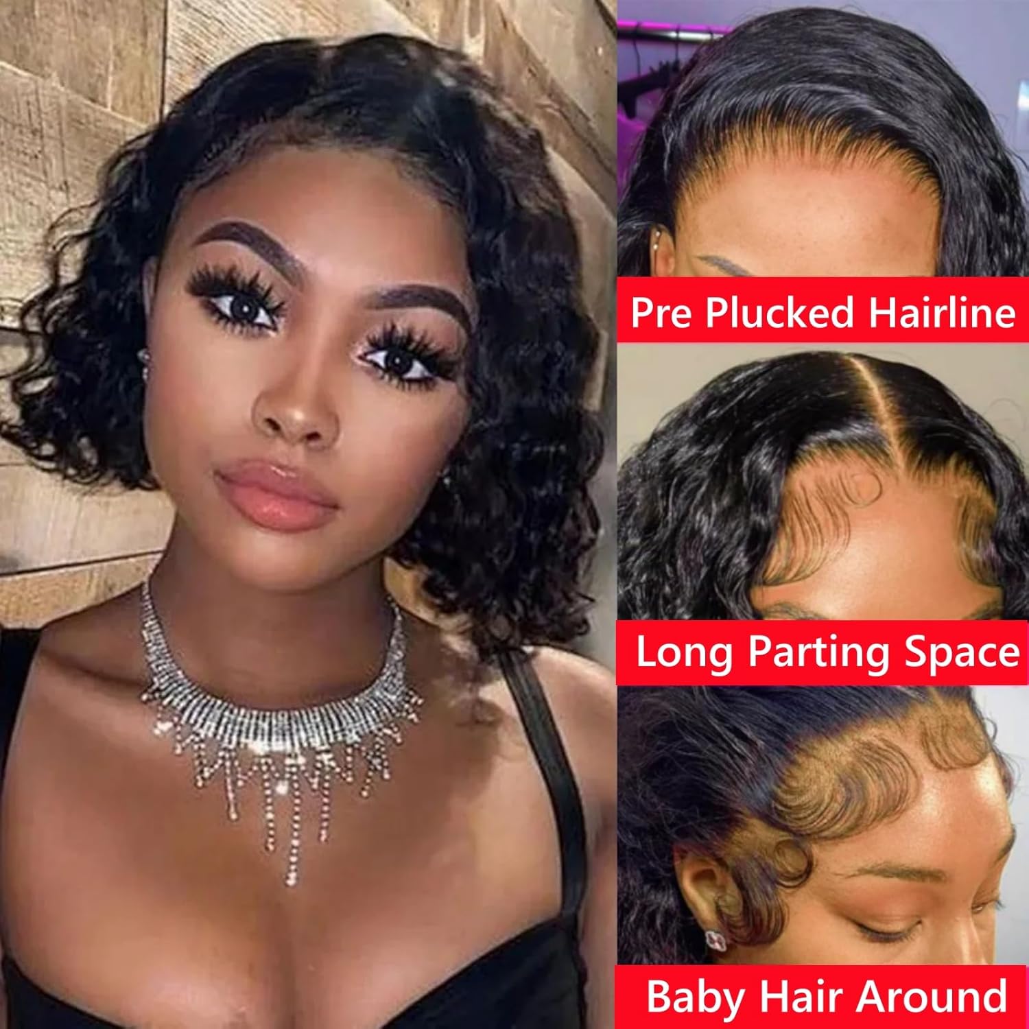 13x6 Bob Wig Deep Wave Lace Front Wigs Human Hair 13x6 Lace Frontal Wigs 180% Density Curly Bob Wig Human Hair Pre Plucked Deep Wave Wig for Black Women (Natural Black, 12Inch) - Image 2