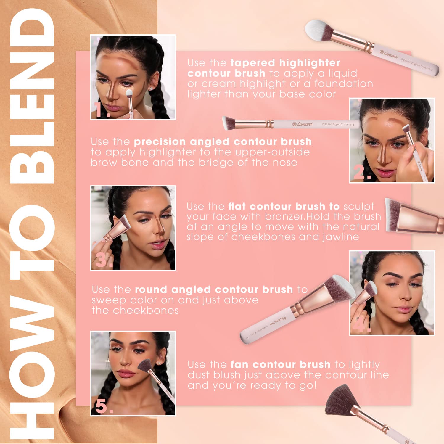 Pro Face Contour Brush Set - Synthetic Contouring Sculpting and Highlighting Kit - Cream Blush Powder Flat Nose Cheek Round Small Angled Fan Tapered Precision Kabuki Foundation Makeup Brushes - Image 8