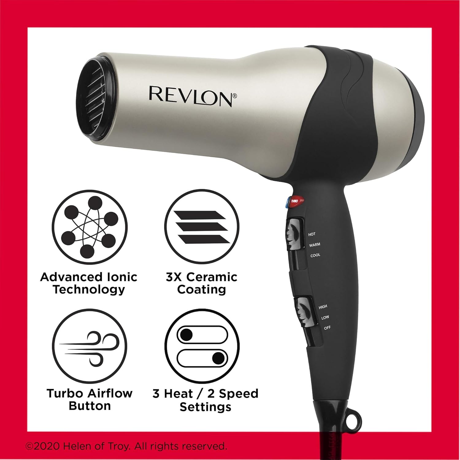 REVLON Turbo Hair Dryer with Advanced Ionic Technology, Ceramic Coating | Turbo Heat and Cold Shot Features, 1875 Watts for Fast Drying and Shine (Silver) - Image 4