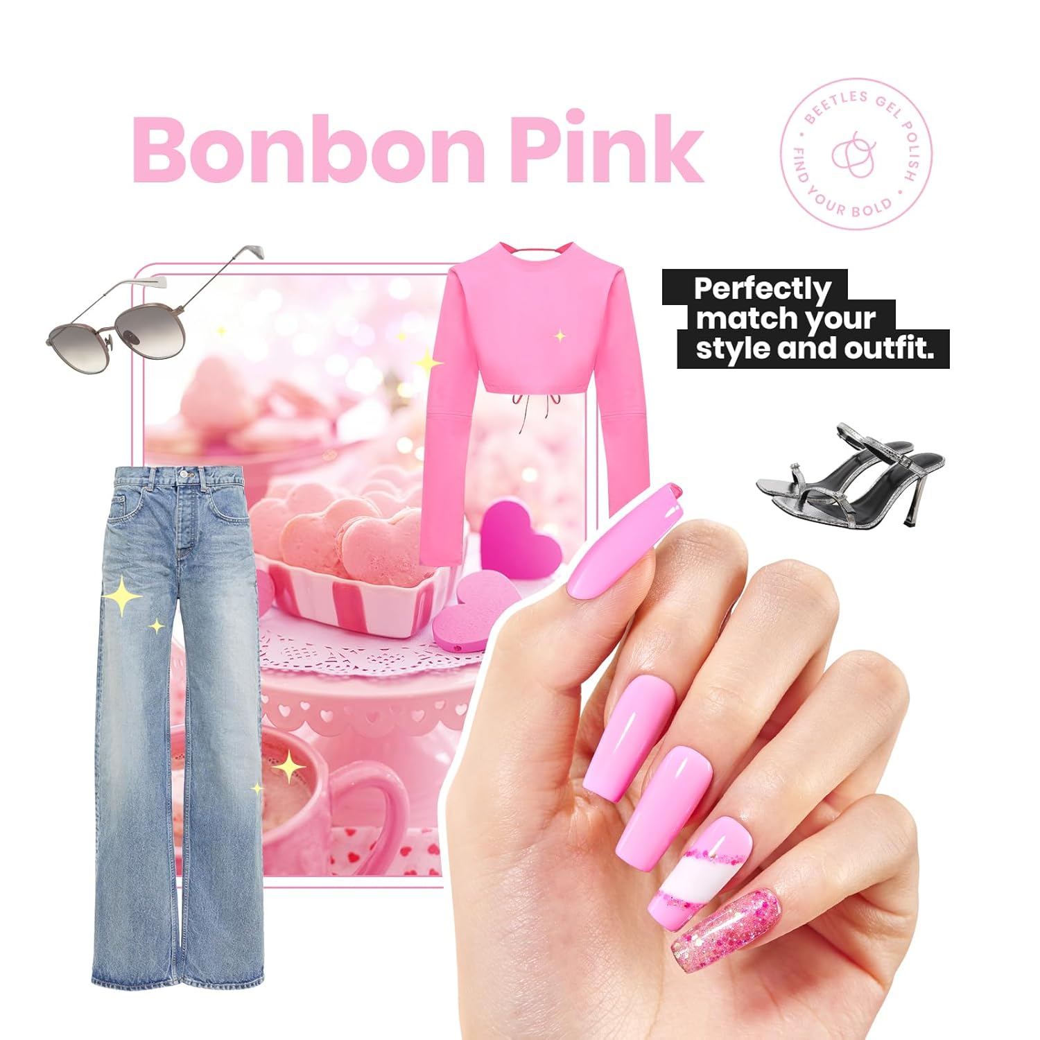 Beetles Pink Nail Polish 1Pcs 15ml Hot Pink Color: Quick Drying & Long Lasting Bonbon Candy Nail Lacquer Art Effect for Salon-Quality Results Nail Art Design Gift for Women - Image 4