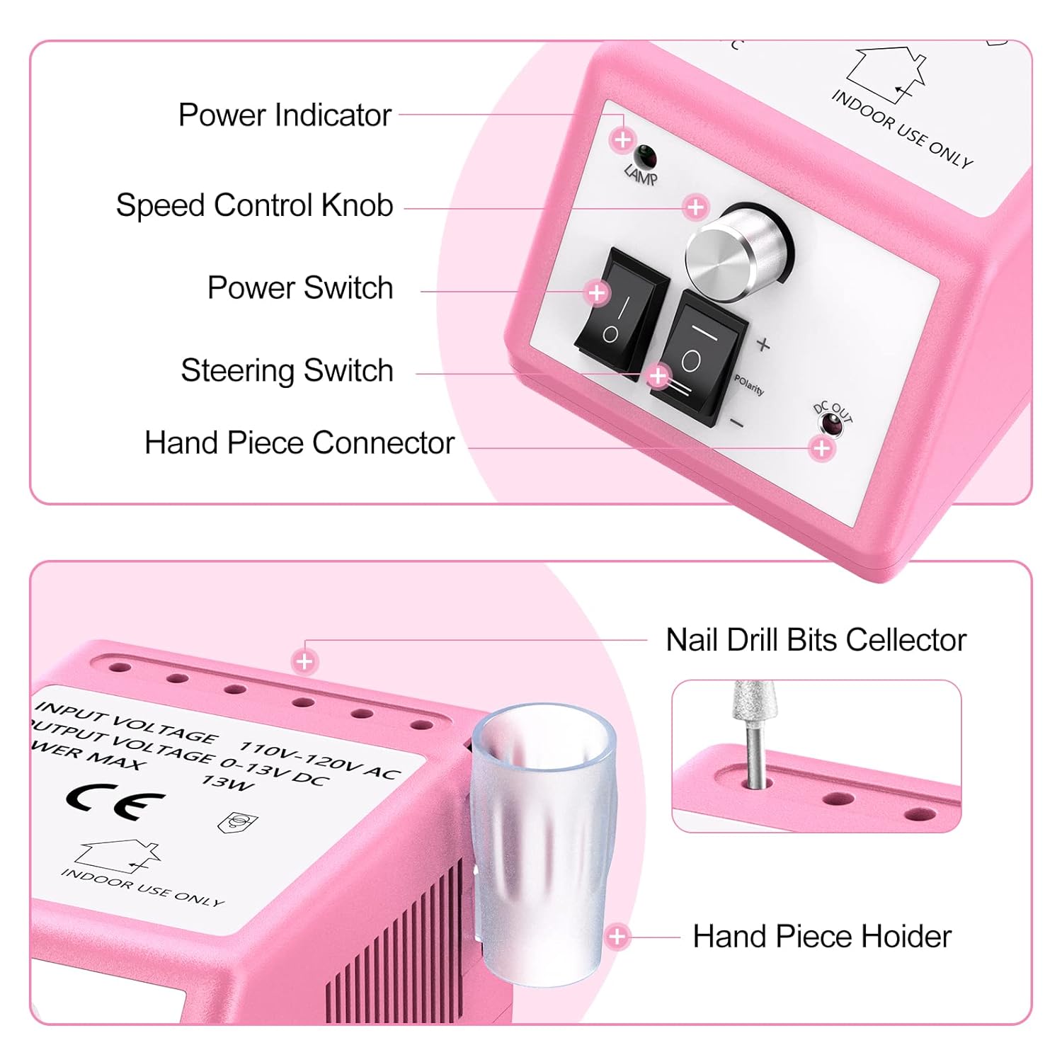 Pink Professional 20000 RPM Electric Nail Drill Kit Acrylic Gel Manicure Polish Remover with Sanding Bands - Image 5