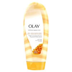 Olay Body Wash for Women, Moisture Ribbons Plus, Deep Conditioning & Moisturizing Formula, Long Lasting Smooth Soft Skin, For All Skin Types, Shea Butter & Manuka Honey Scent, 18 fl oz