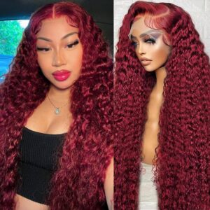 99J Burgundy Lace Front Wigs Human Hair Deep Wave 13x6 HD Lace Frontal Wigs Human Hair Pre Plucked 200 Density Wine Red Colored 99J Curly human hair Wig with Baby Hair 26 inch Glueless Wig