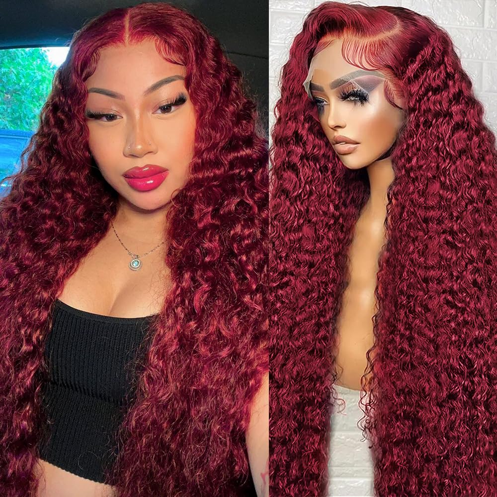 99J Burgundy Lace Front Wigs Human Hair Deep Wave 13x6 HD Lace Frontal Wigs Human Hair Pre Plucked 200 Density Wine Red Colored 99J Curly human hair Wig with Baby Hair 26 inch Glueless Wig