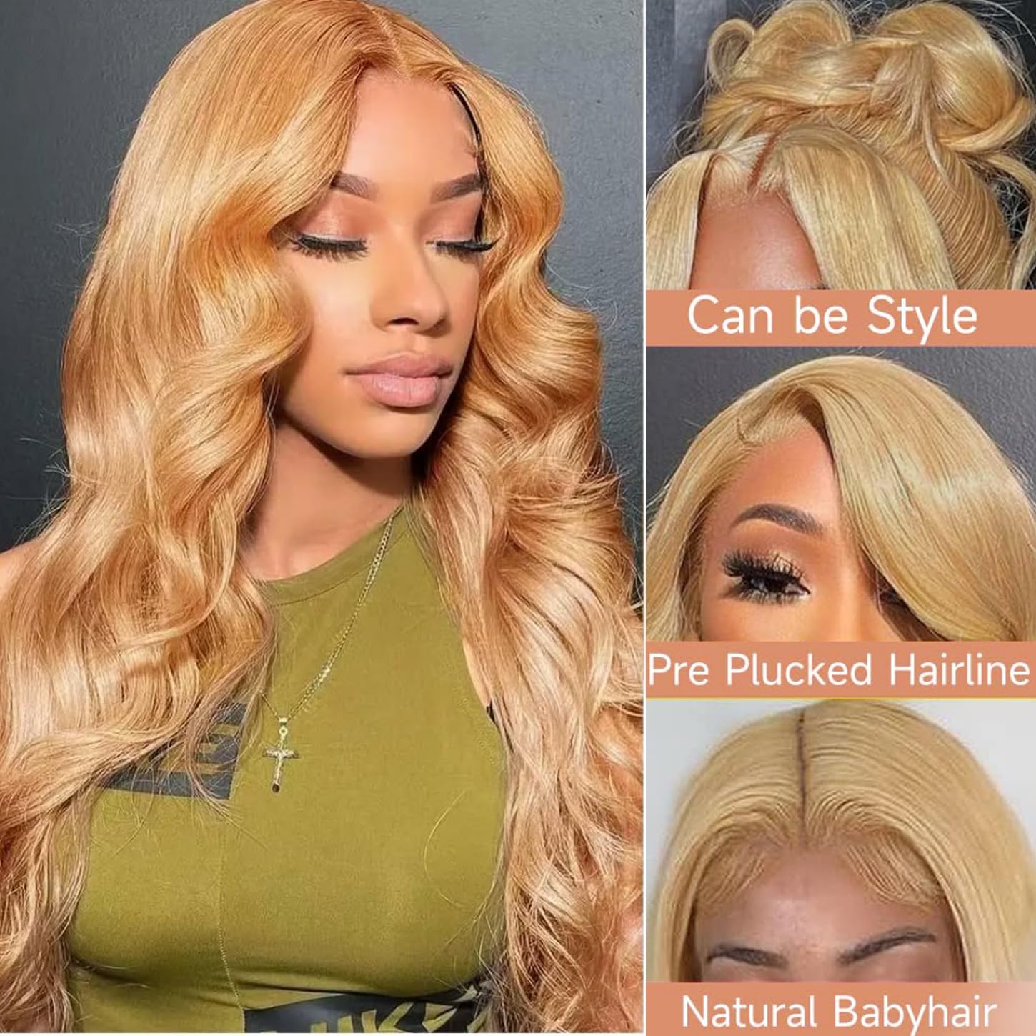 Honey Blonde Wig Human Hair 13x6 Body Wave Hd Lace Front Wigs Human Hair Pre Plucked 27# Colored Blonde Lace Frontal Wig 180% Density Real Hair Wavy Human Lace Front Wigs For Black Women 30Inch - Image 4