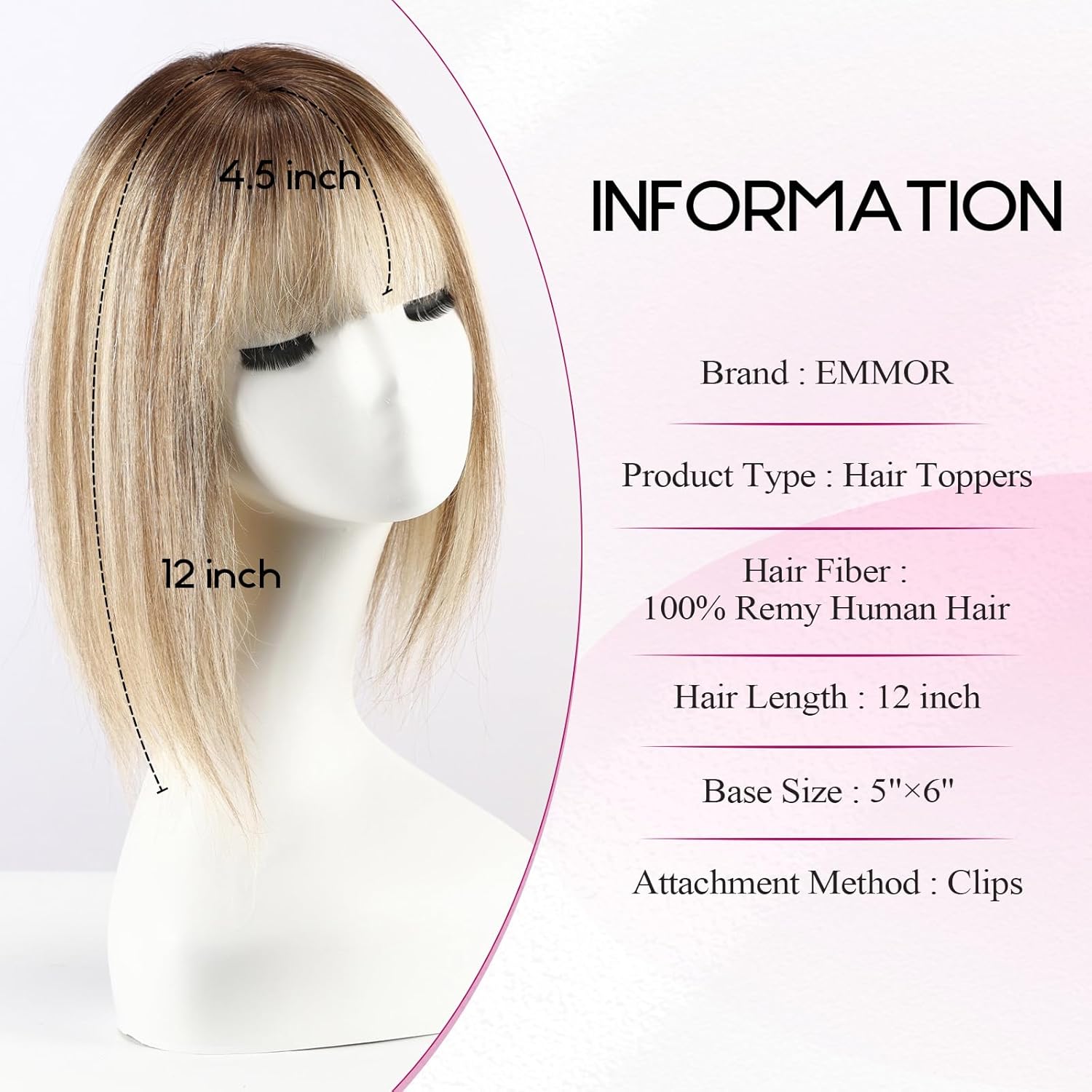 EMMOR Human Hair Toppers for Women with Thinning Hair with Bangs 12inch Skin Scalp 5"×6" Big Base Cover Hair Loss Top Hairpieces Wiglets(Ombre Blonde with Highlight) - Image 2
