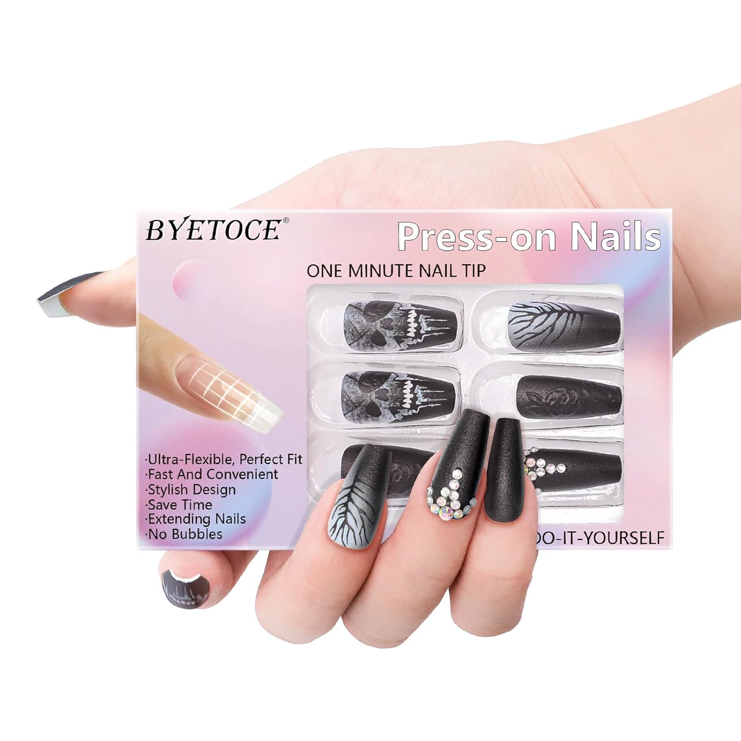 Halloween Press on Nails Medium Coffin Fake Nails 3D Rose Matte Black False Nails with Skull Rhinestone Design Scary Artificial Nails for Women - Image 2
