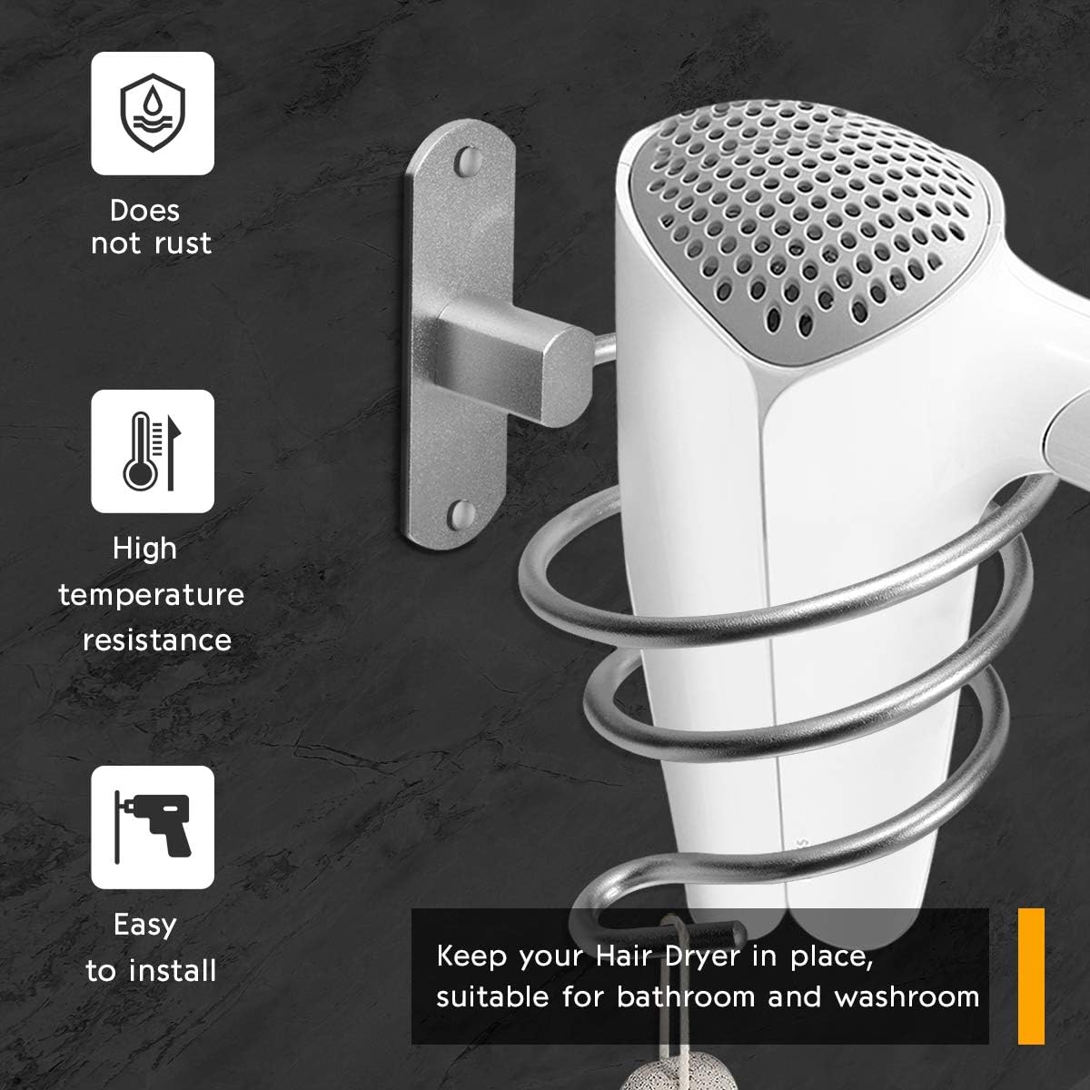 hicorfe Bathroom Hair Dryer Holder Hair Care Tools Holder Wall Mount (Bright White) - Image 3