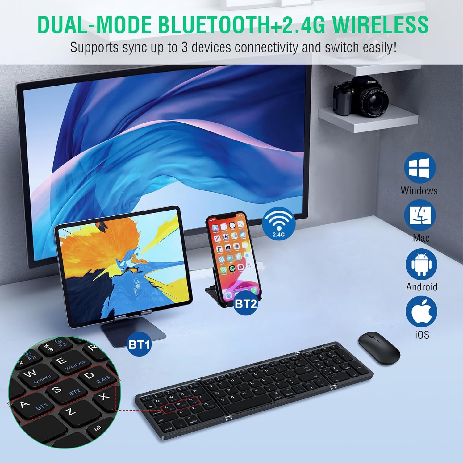 Foldable Keyboard and Mouse, EDJO Folding Wireless Keyboard Mouse Combo with Portable Case, Rechargeable 2.4G+Bluetooth Multi-Device Combo for Windows, iOS, Android, MacOS PC/Laptop/Tablet - Image 2