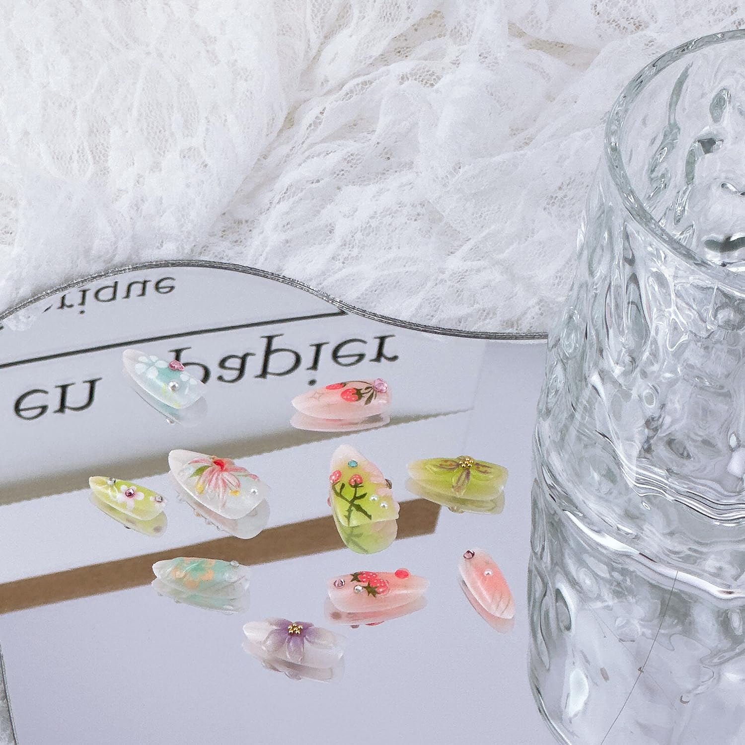 30Pcs 3D Flower Press on Nails Medium Almond Fake Nails with Pearl Rhinestones Designs Fill Cover Glue on Nails Cute Strawberry Acrylic Nails Pink Bow False Nails Star Floral Stick on Nails for Women - Image 2