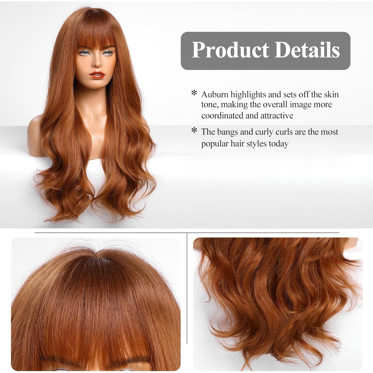 Auburn Wigs with Bangs Long Wavy Layered Heat Resistant Wigs Human Hair Natural Comfortable Capless for Daily Use (Auburn,26 Inch) - Image 2