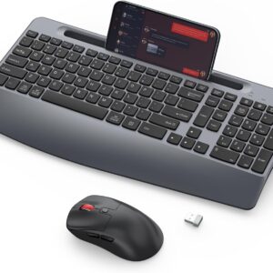 Ergonomic Wireless Keyboard and Mouse with Wrist Rest，Phone Holder - 2.4GHz Full-Sized Low-Profile Quiet Wireless Mouse and Keyboard Combo for Computer, Laptop, PC, Mac-Grey