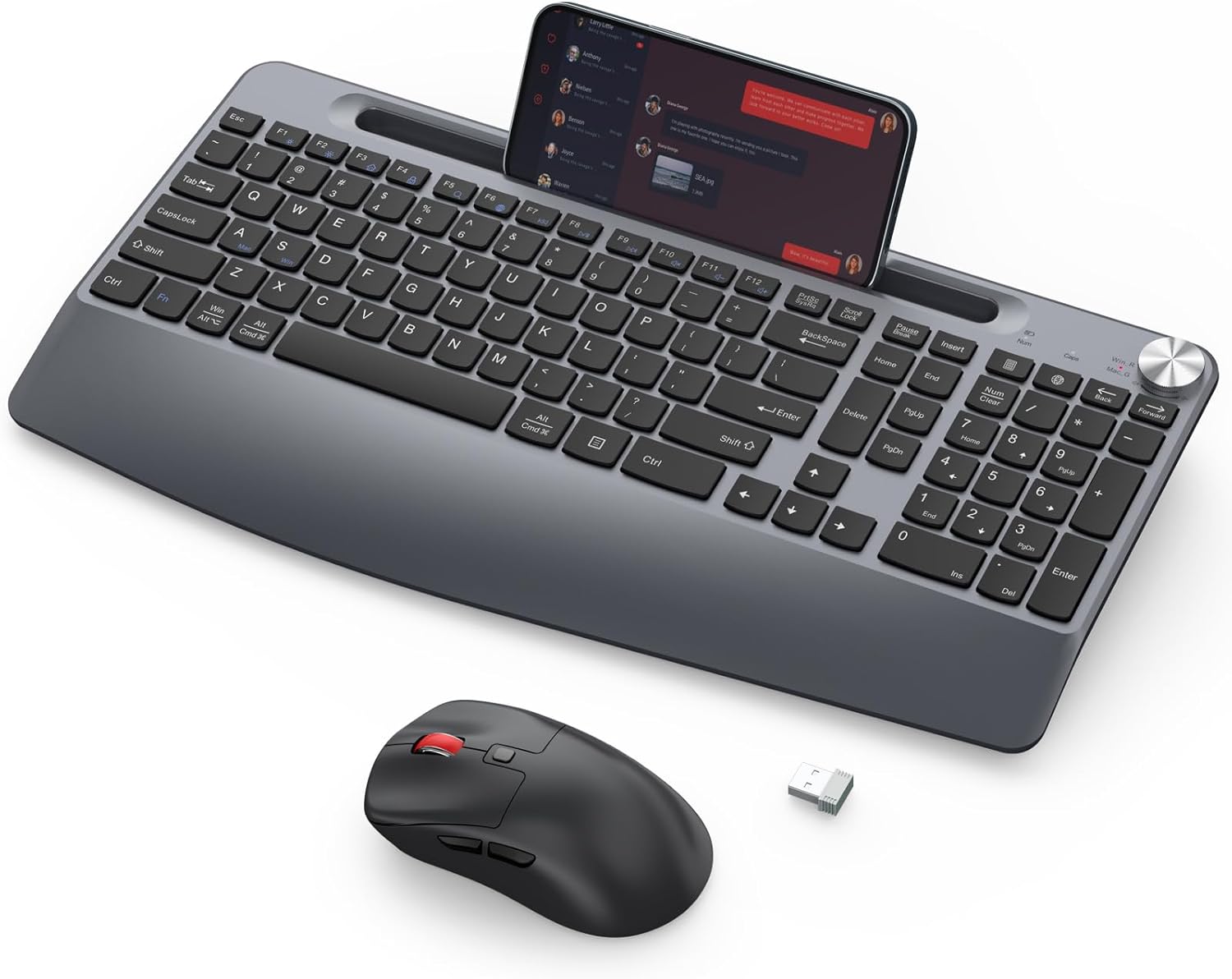 Ergonomic Wireless Keyboard and Mouse with Wrist Rest,Phone Holder - 2.4GHz Full-Sized Low-Profile Quiet Wireless Mouse and Keyboard Combo for Computer, Laptop, PC, Mac-Grey