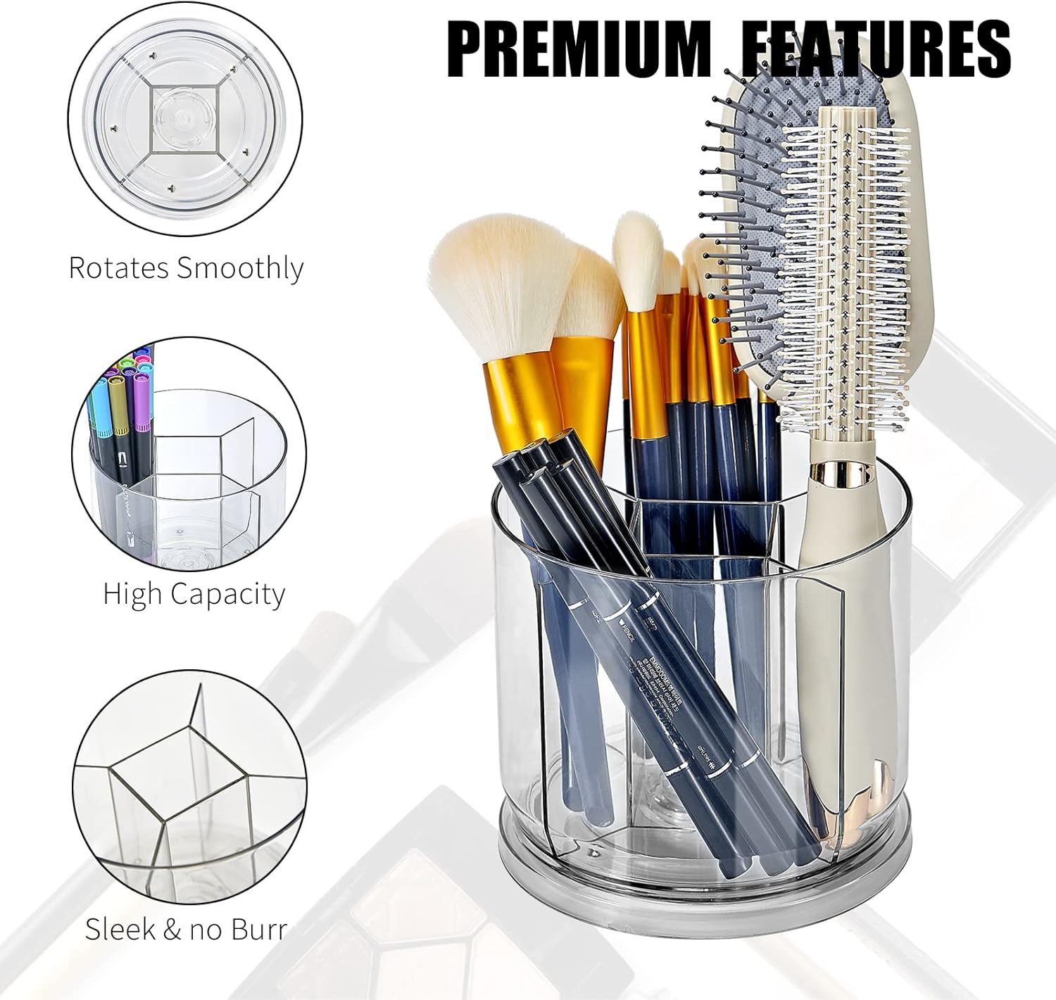 Makeup Brush Holder Organizer -Rotating 360° Clear Storage Cup Containers for Vanity, Desk, Countertop, Spinning Pen Holder for Desk, Round Make up Brush Stand with 5 Slots, for Cosmestics (Clear) - Image 4
