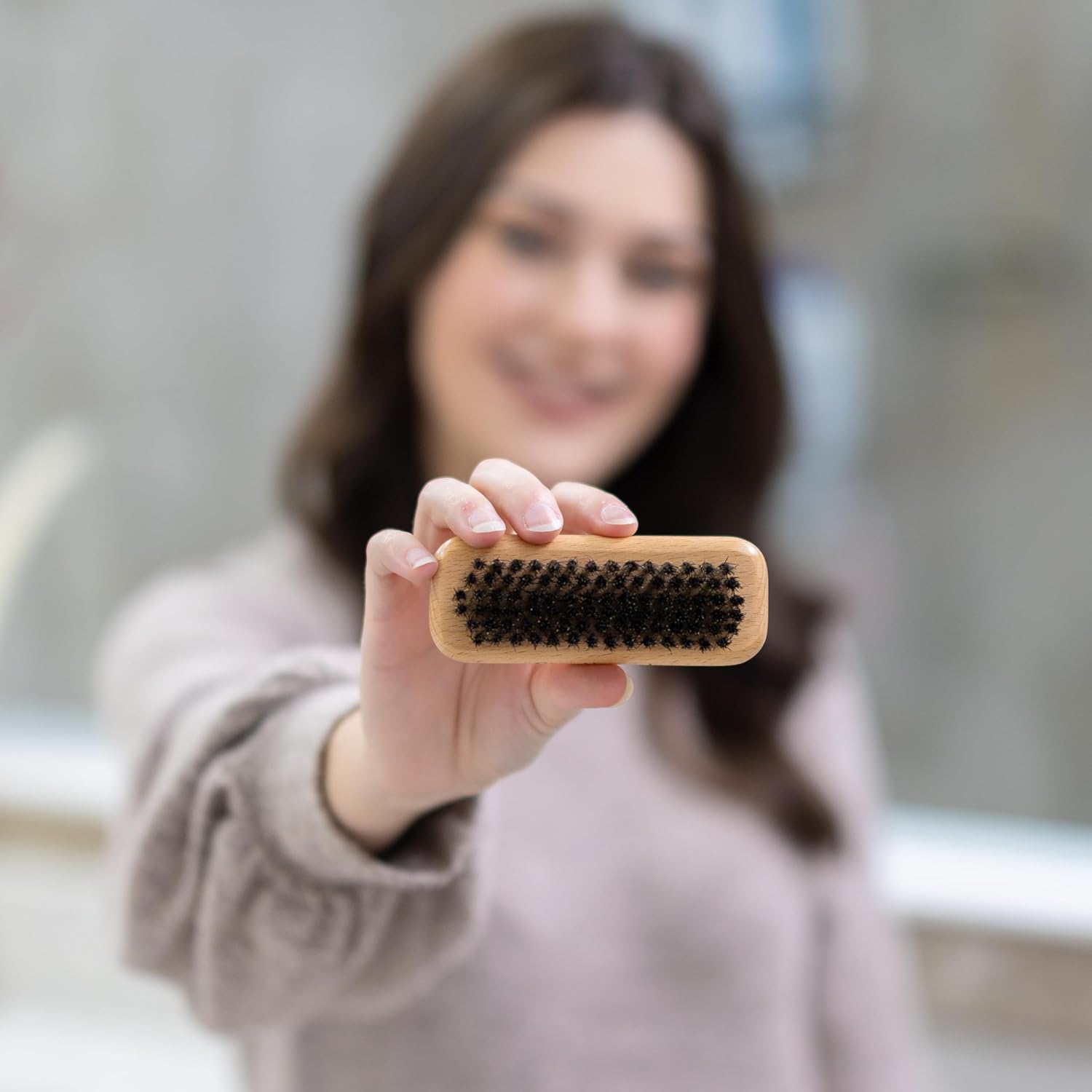 GranNaturals Palm Size Wide Boar Bristle Teasing Brush & Smoothing Brush for Slick Back Hair, Edge Control, Backcombing to Create Sleek Hairstyle - Wooden Wide Portable Handle - Image 2