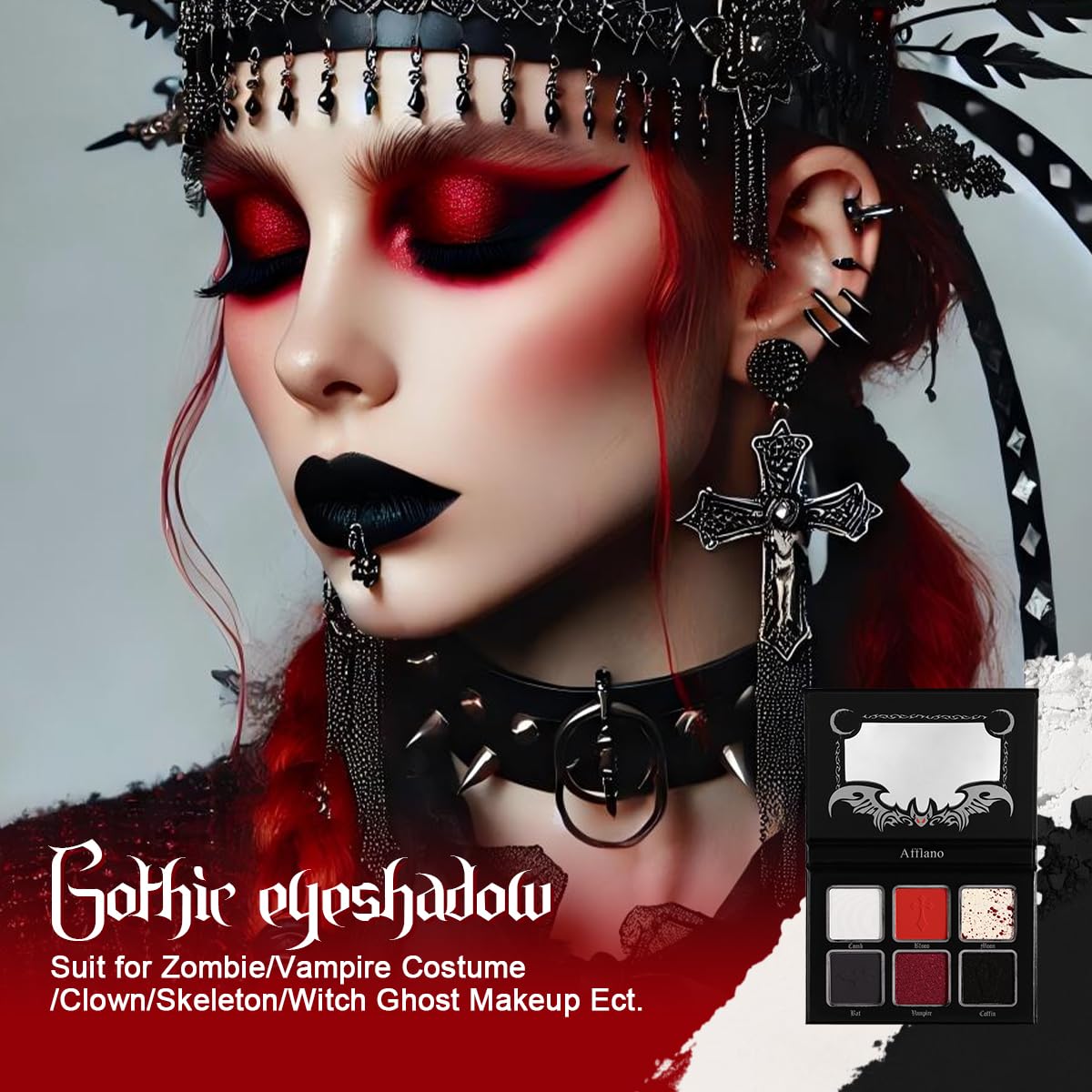 Black Red Eyeshadow Palette, Highly Pigmented True Red White Dark Grey Goth Smoky Eyeshadow Palette, 6 Color Matte Shimmer Burgundy Metallic Halloween Makeup Palette for Zombie Vampire Clown,Blendable - Image 3