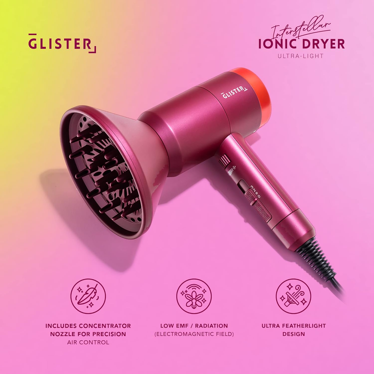 Glister Interstellar, Lightweight Blow Dryer, Fast Drying Negative Ion Hairdryer Blowdryer, 3 Heat Settings & Infinity Speed, with Diffuser and Concentrator Nozzle for Home & Travel - (Red) - Image 7