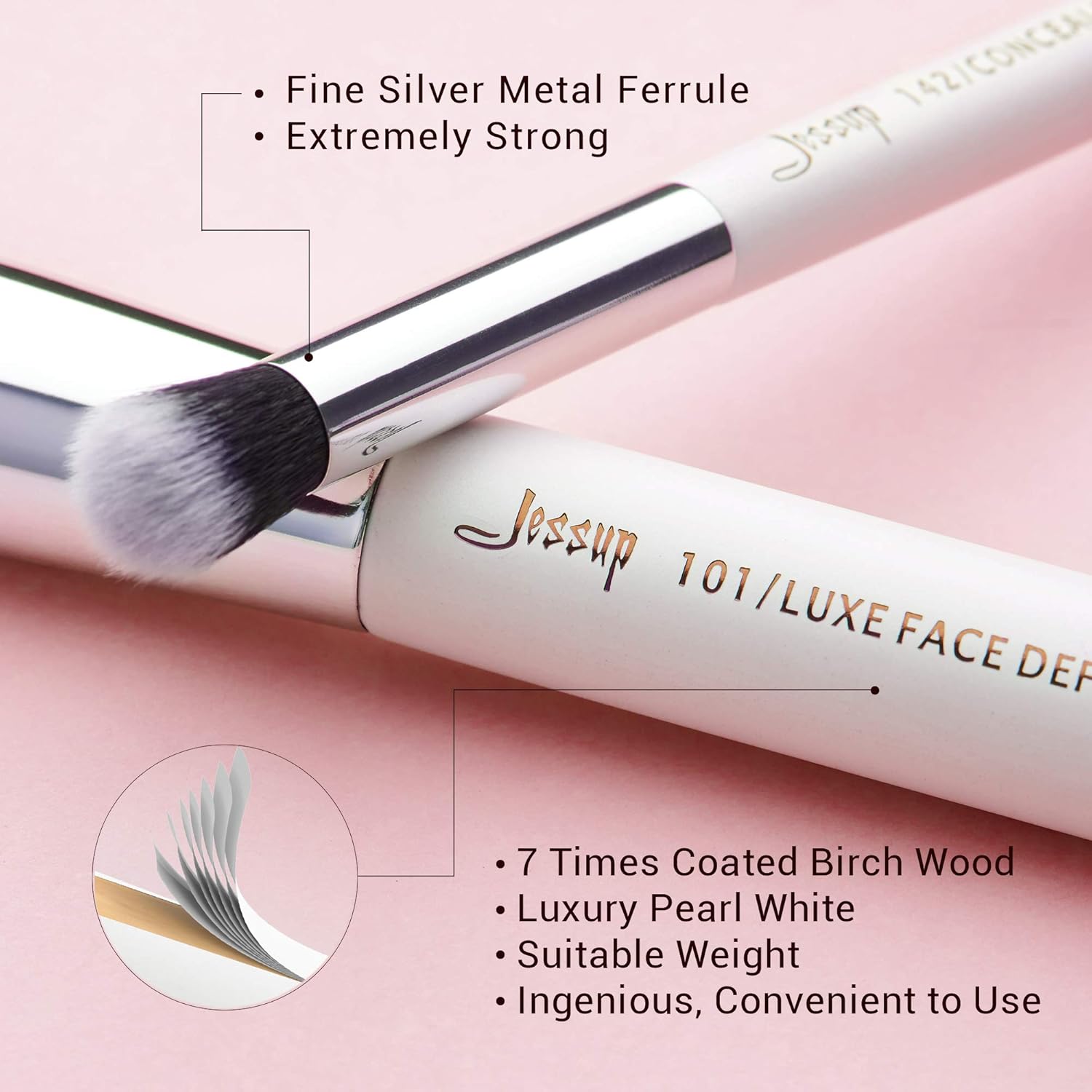 Jessup Brand 25pcs Professional Makeup Brush Set Beauty Cosmetic Foundation Powder Blusher Eyeshadow Blending Highlight Concealer Natural-Synthetic Hair Brushes Set (Pearl White/Silver) - Image 5