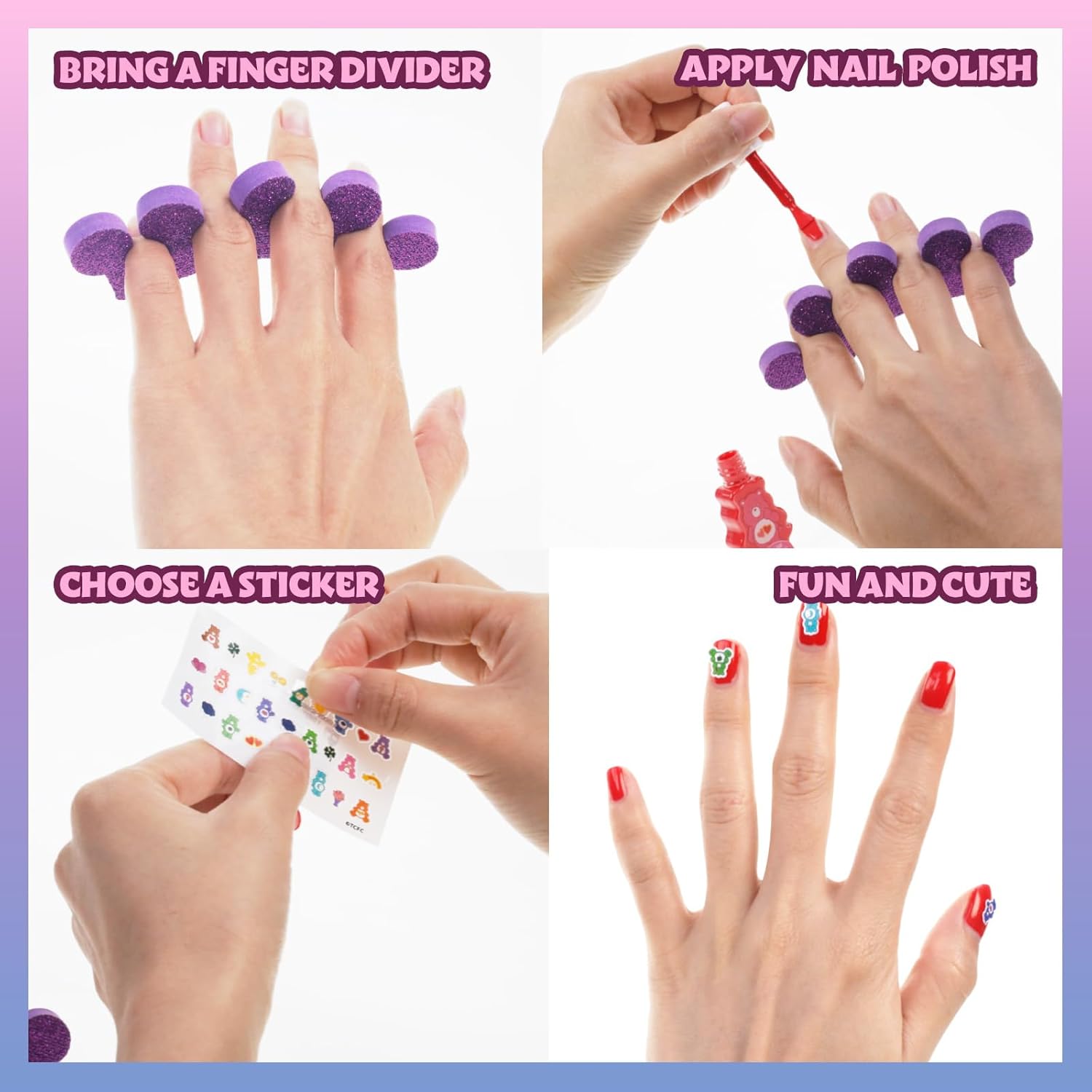 Townley Girl Care Bears 15 pcs Non-Toxic Nail Polish Set for Kids with Stickers & Toe Spacers | Peel able & Quick Dry | Birthday Gifts for Ages 3 - Image 4