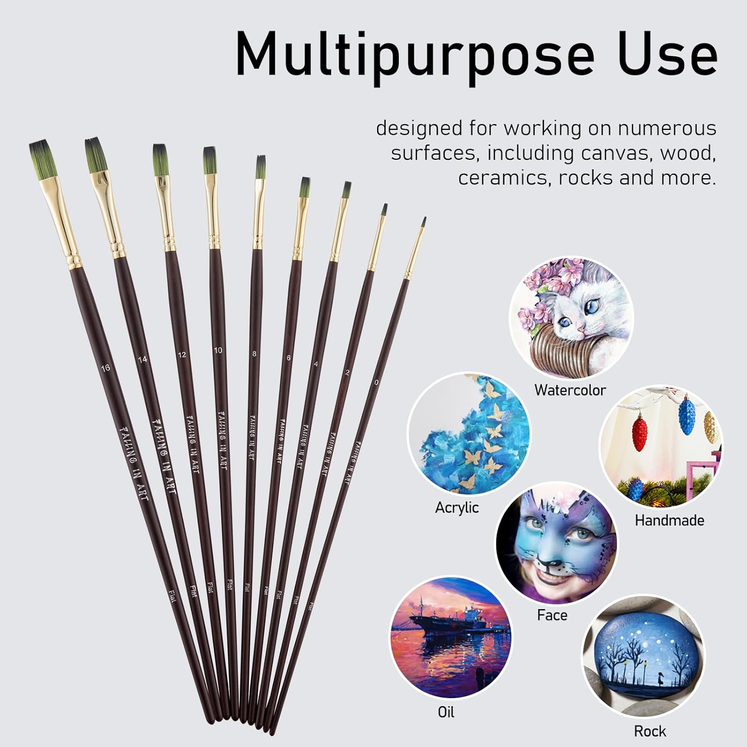 Falling in Art 9 PCS Flat Brushes Set, Professional Nylon Paint Brushes, Long Handle Artist Brush for Watercolor, Acrylic, and Oil Painting - Image 3