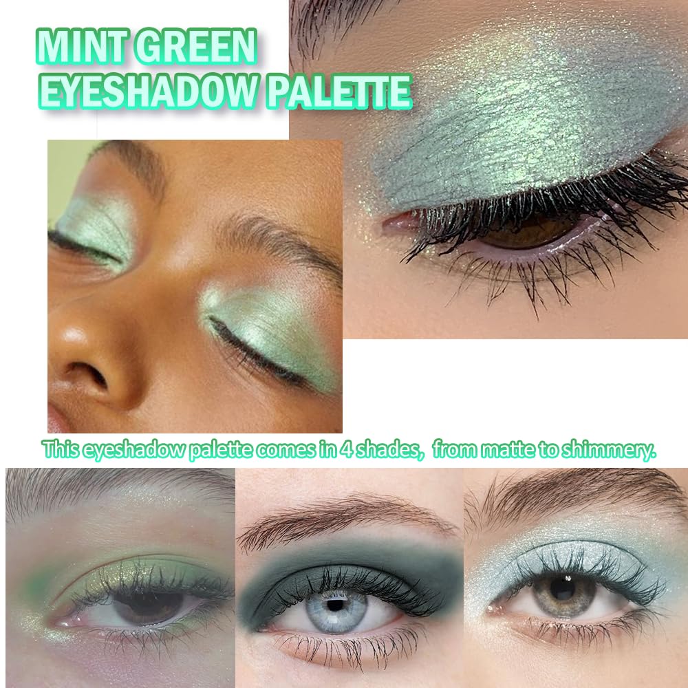 Matte Light Green Glitter Eye Shadow Makeup Palette 4 Colors, Highly Pigmented Mint And Seafoam Green Waterproof Eyeshadow Palette For Woman - Image 3