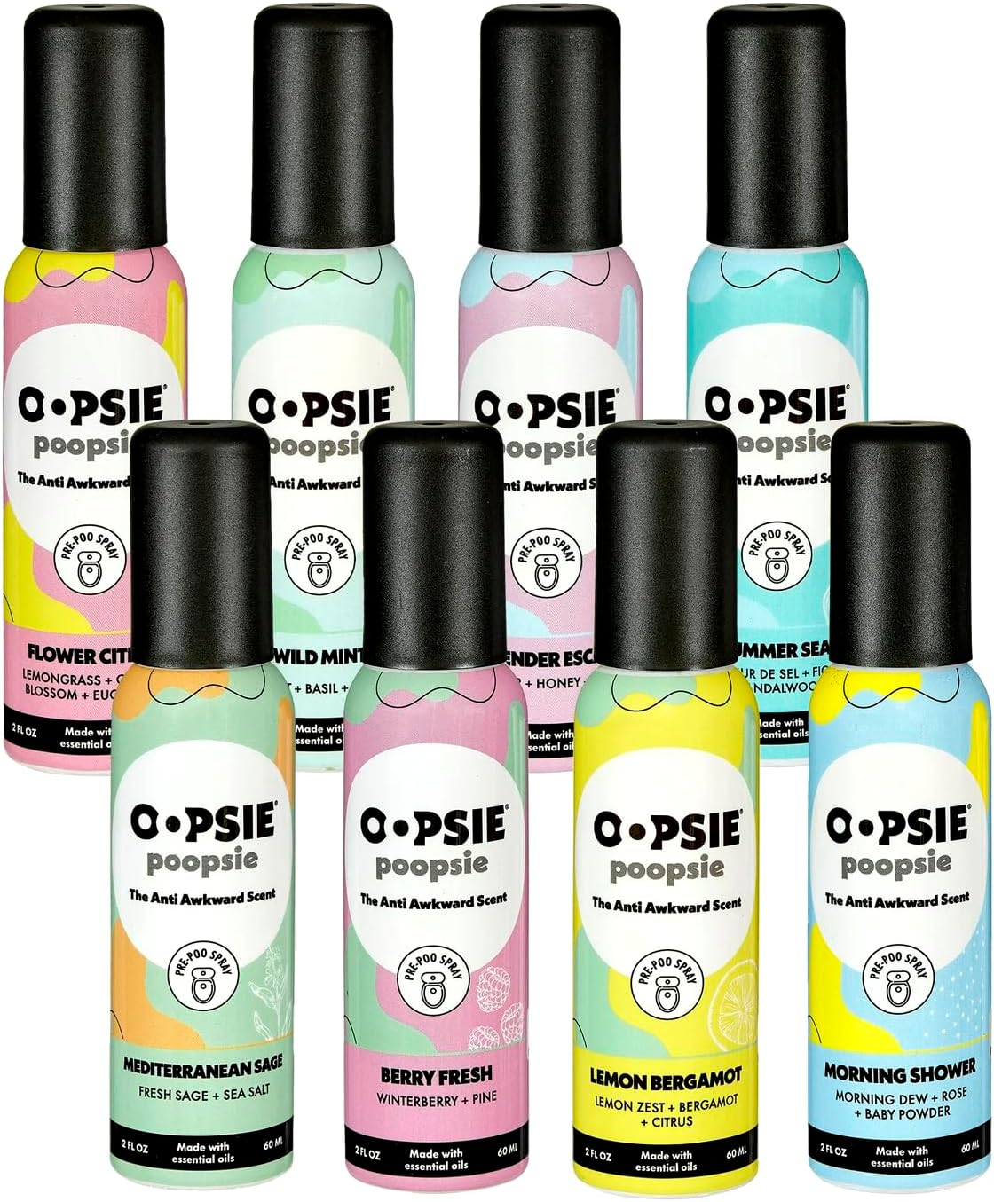 Pre-Poo toilet spray, discreet & portable original odor deodorizer scents. Pocket-friendly pre-poo spray to use on the go 2oz 8-bottle variety pack for 8-distinct aroma experience