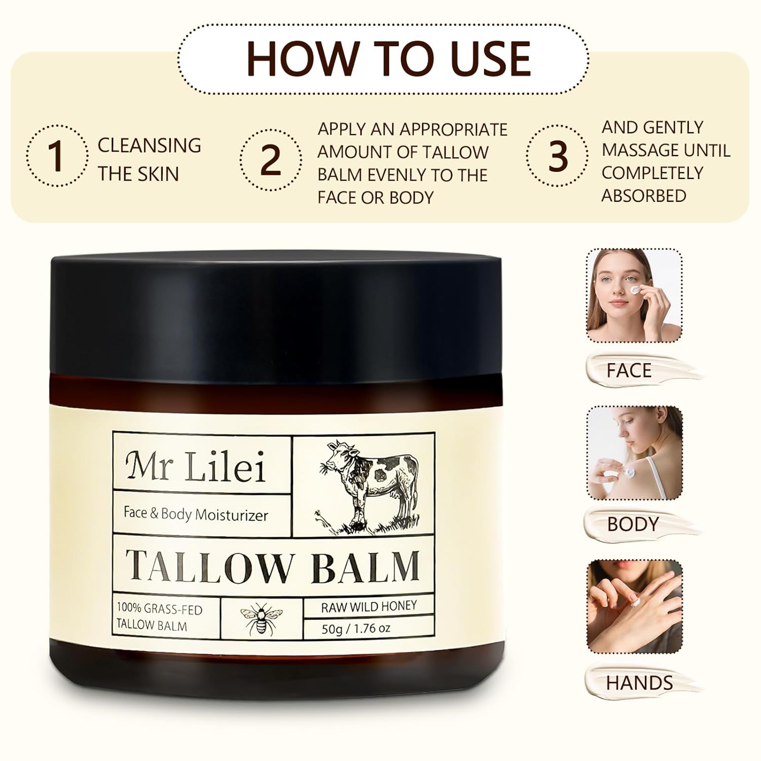 Grass-Fed Beef Tallow Balm for Skin with Raw Honey - Face & Body Moisturizer - Natural Whipped Skin Care Cream for Dry Skin- Hydrating Body Lotion for Nourishment (50g/1.76oz) - Image 8