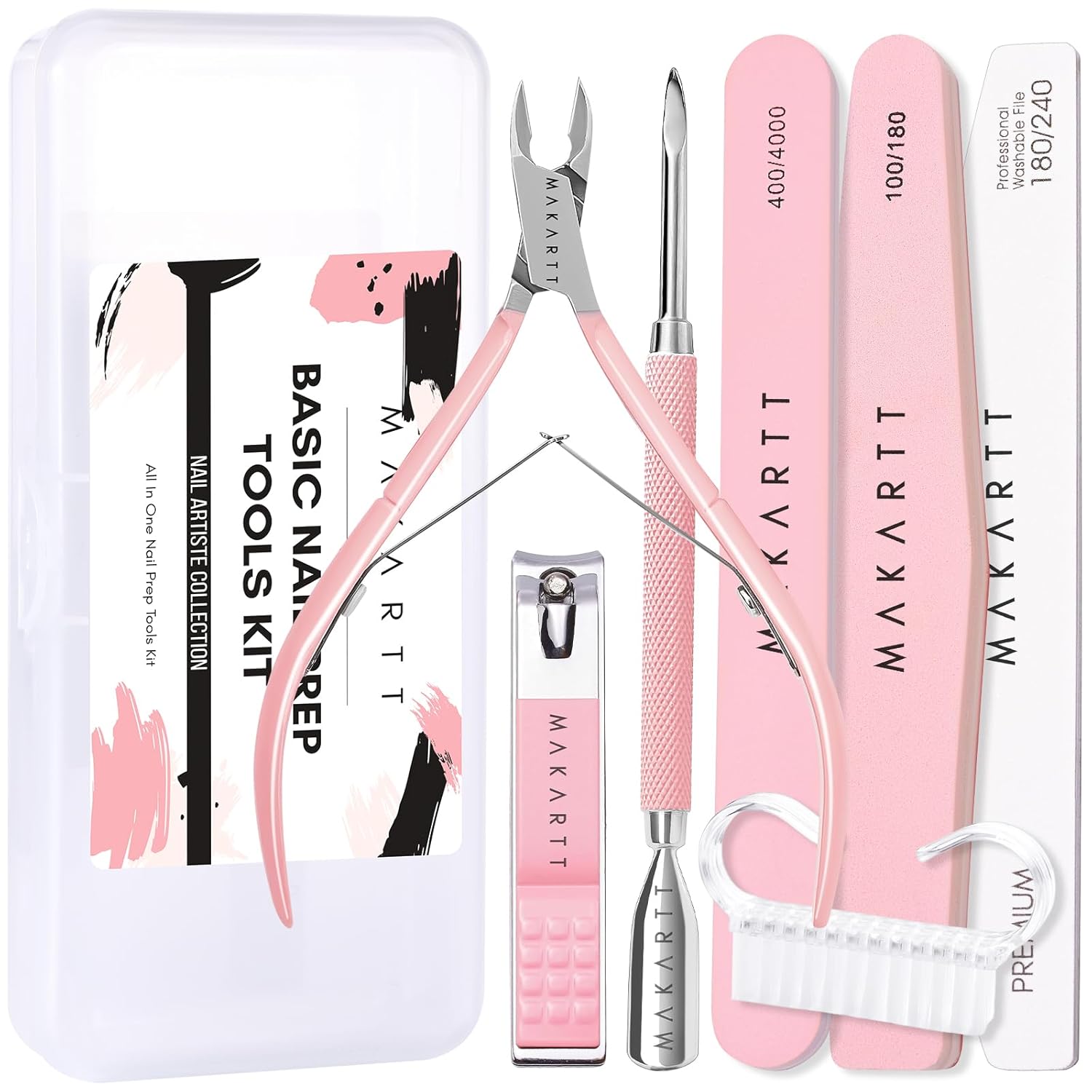 Makartt Nail File and Buffer Set, Pink Basic Prep Kit with Cuticle Clipper, Trimmer, Pusher, Brush, Manicure Care Kit for Natural and Acrylic Nails (7pcs) - Image 8