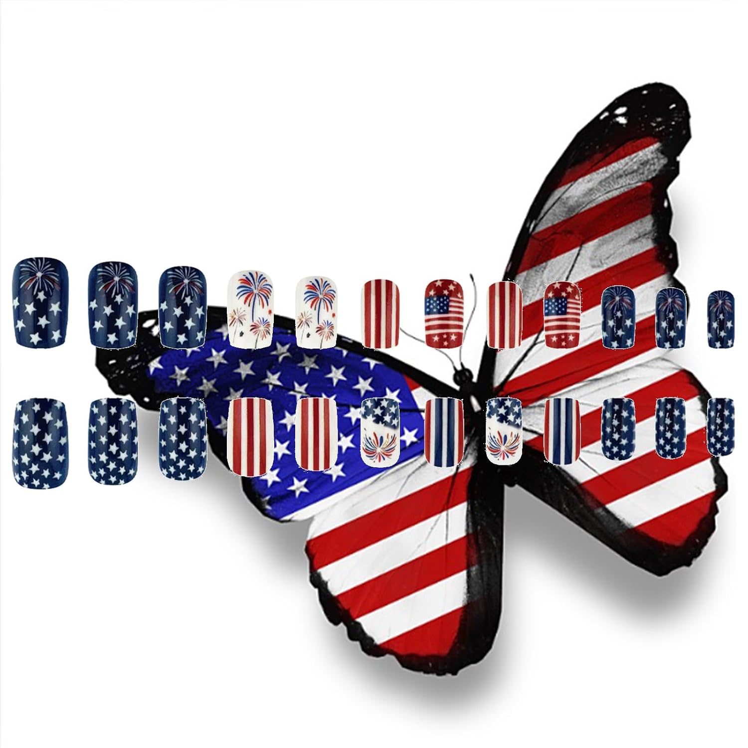 24Pcs 4th of July Press on Nails Glossy White Star False Nails Independence Day Gel Glue on Nail Fourth of July Acrylic Medium Square Fake Nail American Flag Stick on Fingernails for Women Girls - Image 5