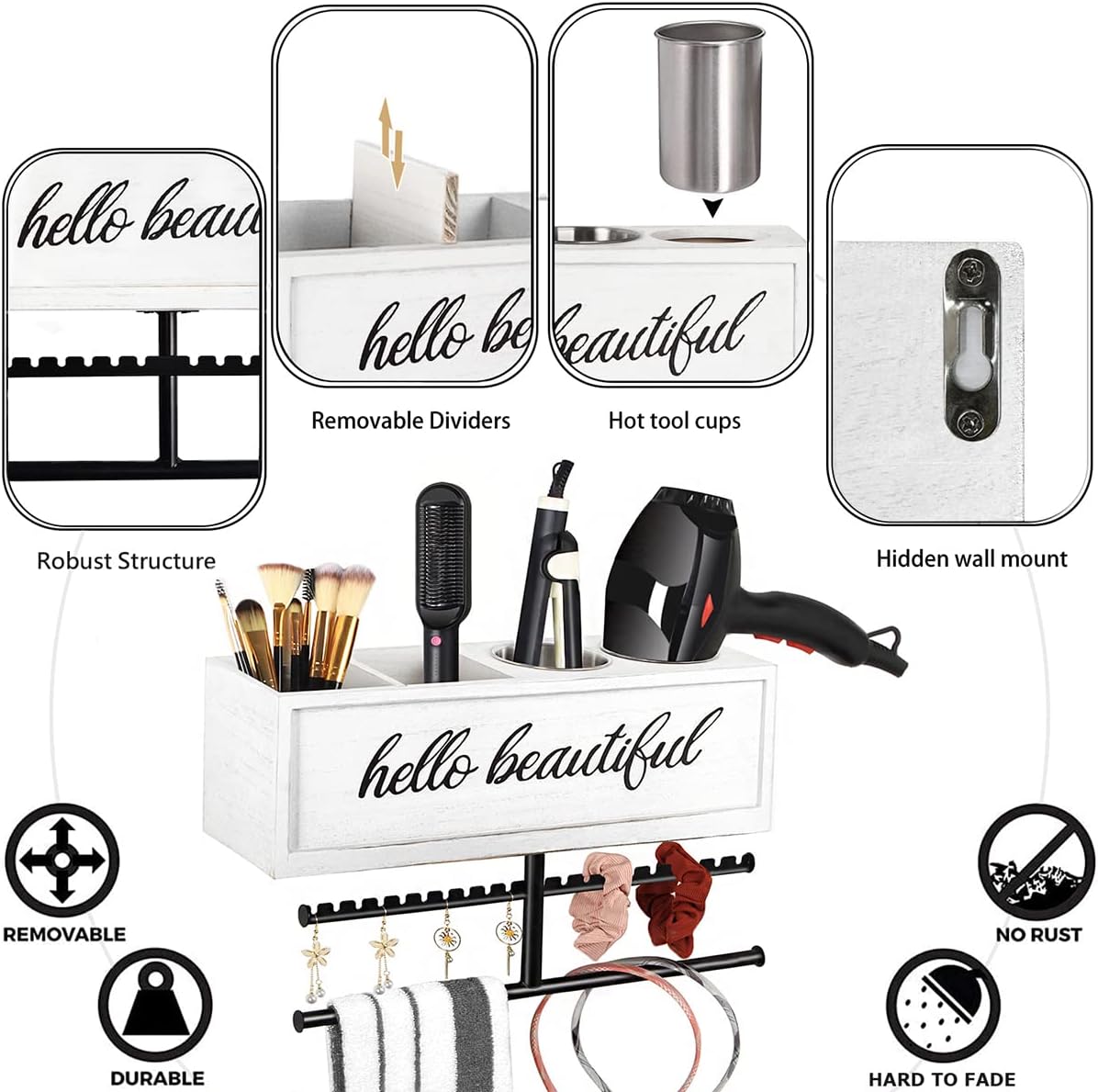 Rustic Hair Dryer Holder Wall Mounted,Hair Styling Tools & Accessories Organizer,Bathroom Supplies & hot Tools vanities Organizer Caddy,for Storage Flat Iron,Blow Dryer,Curling Iron,Towel - Image 4