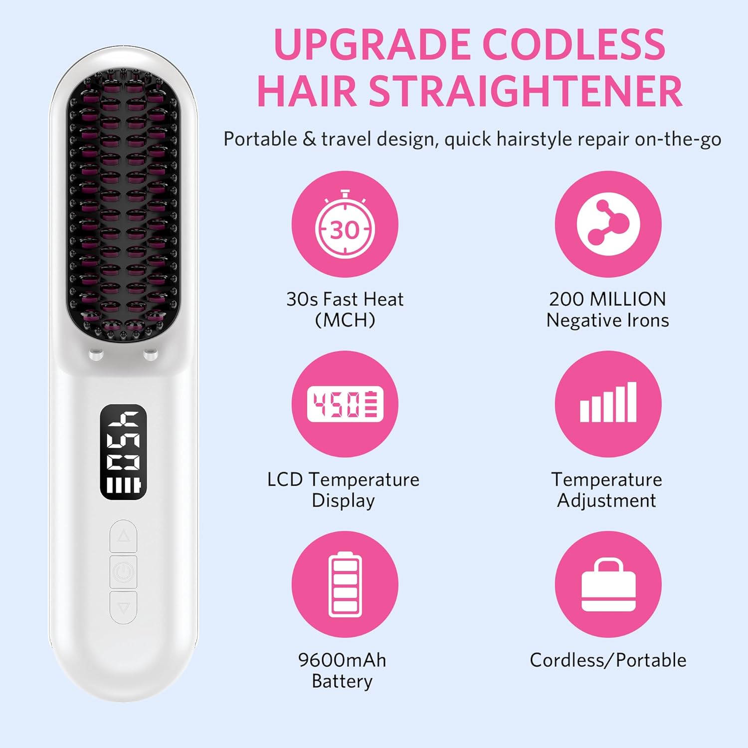 Cordless Hair Straightener Brush, Portable Mini Hair Straightening Brush for Travel, Rechargeable 9600 mAh USB-C, Lightweight Anti-Scald Heated Styling Tools & Appliances - Image 2